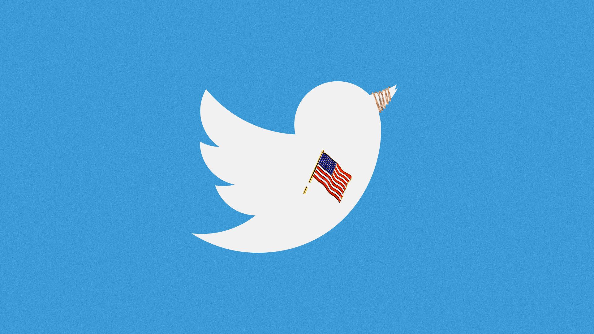 Illustration of Twitter bird wearing a U.S. Flag pin with its beak tied with rope.