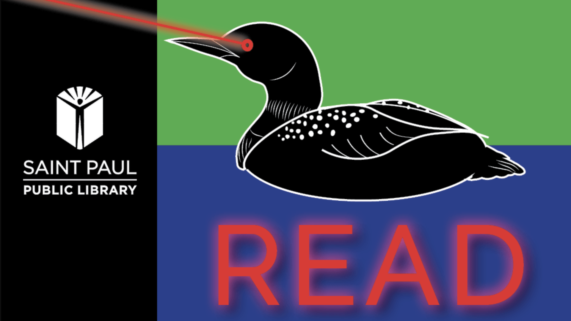 A library card with a loon that has lasers coming out of its eyes