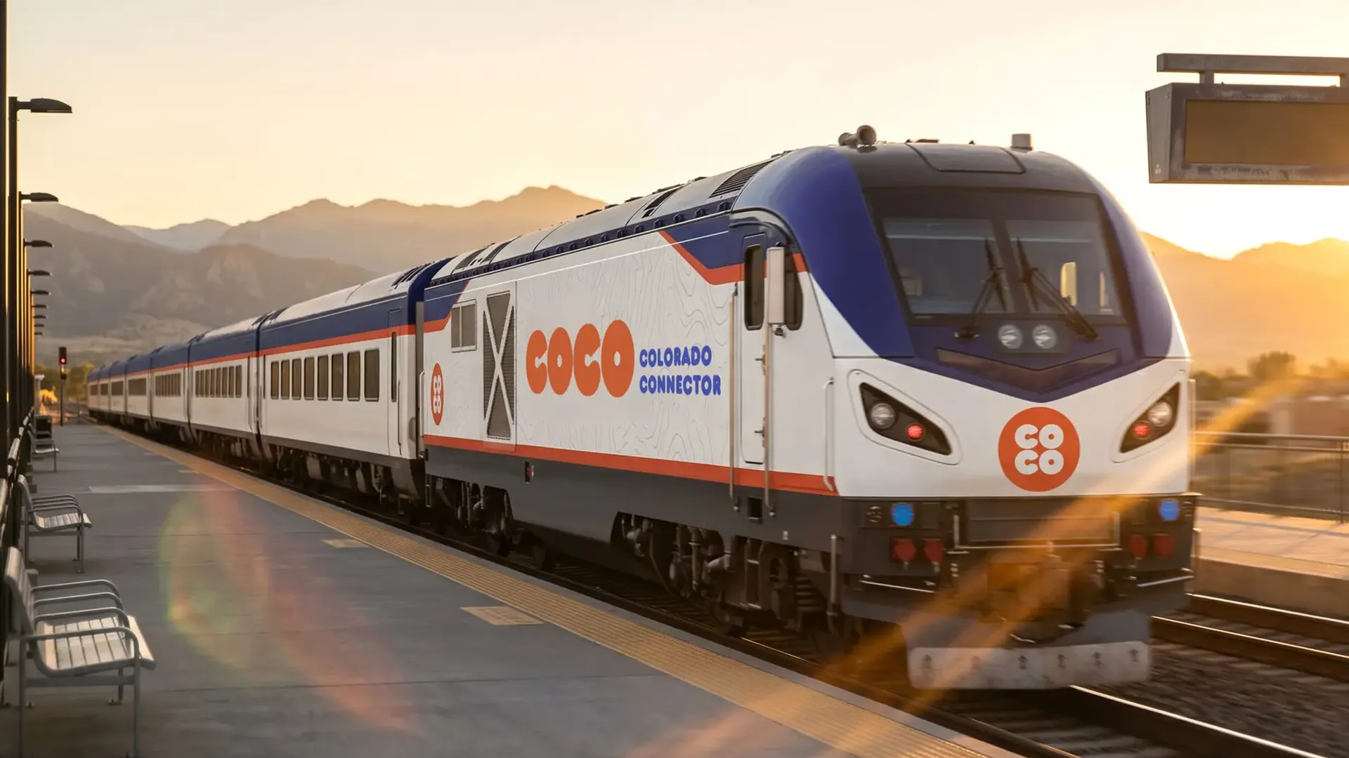 A modern white passenger train with blue and orange accents labeled "COCO Colorado Connector" sits at a sunlit platform with benches, a signboard, and distant mountains.