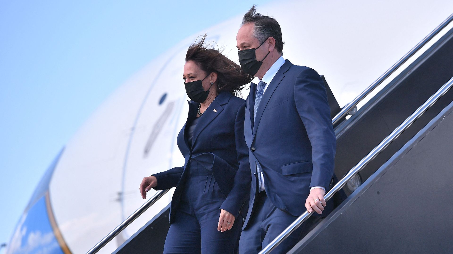 Vice President Kamala Harris and her husband, Second Gentleman Douglas Emhoff, are seen disembarking Air Force 2 in Las Vegas.