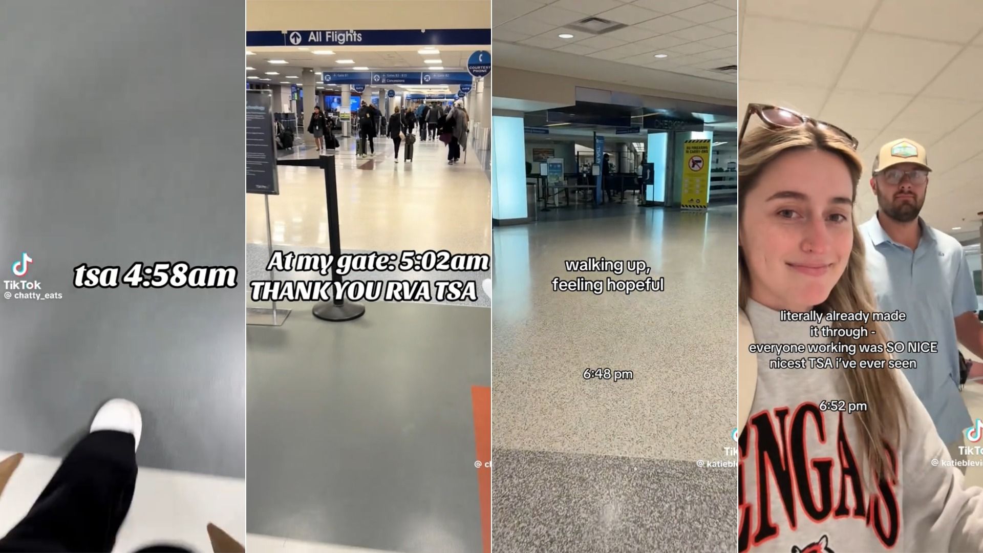 Four-part image showing early morning airport scenes with captions about TSA timing, a woman and man smiling, and text praising nice TSA employees at Richmond airport.