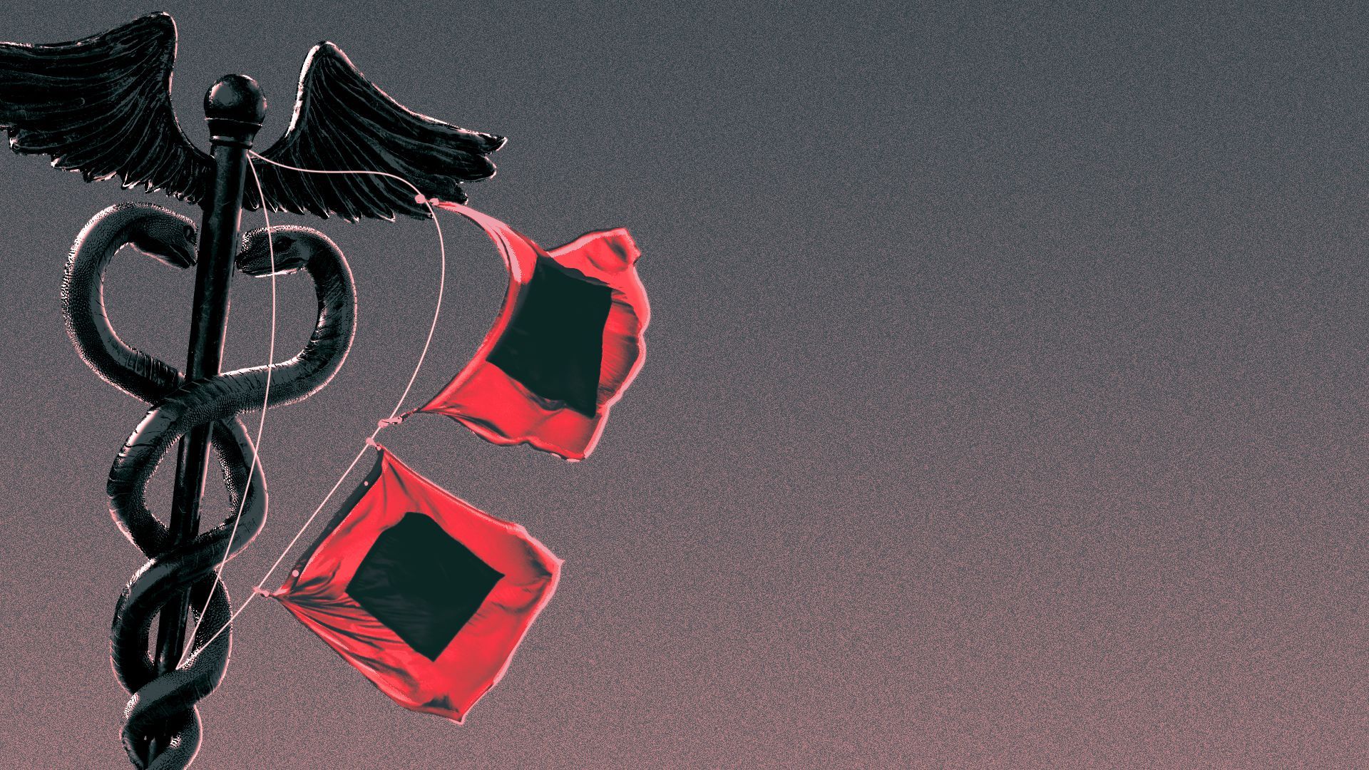 Illustration of hurricane storm flags held up by a caduceus instead of a flagpole.