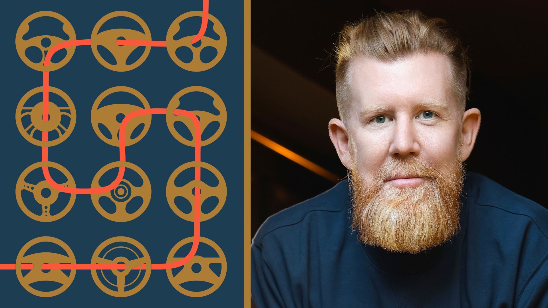 Photo illustration of Nick Mulholland next to an abstract illustration of a pattern of steering wheels. 