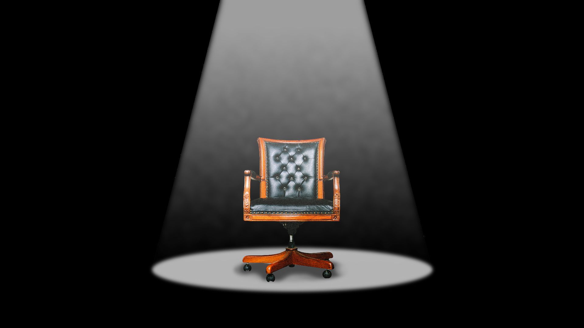 Illustration of a lone leather office chair under a spotlight.
