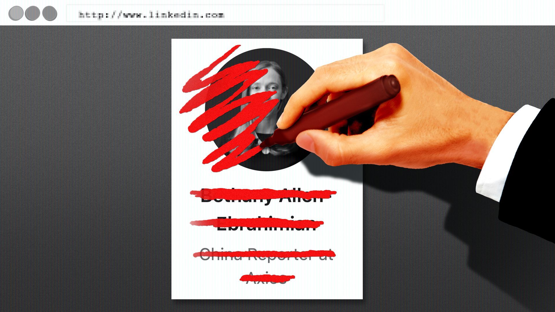 Illustration of Axios China Reporter Bethany Allen-Ebrahimian's twitter profile being scribbled out by a hand
