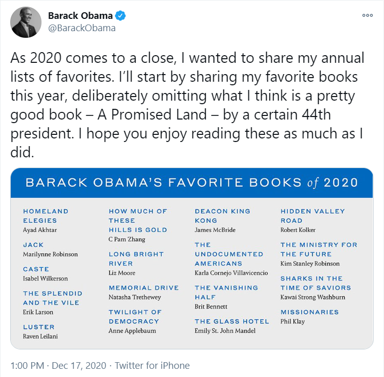 Photo of Obama's 2020 book list.