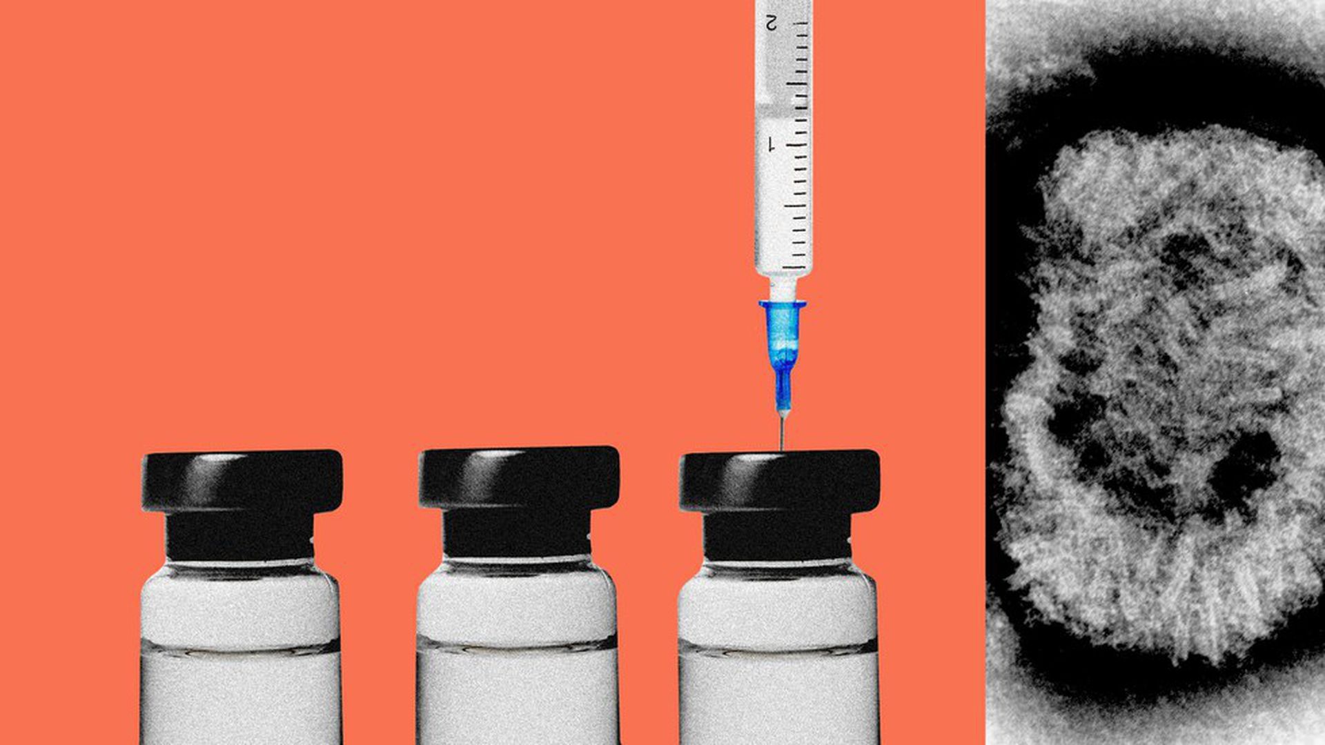 Illustration of vials, needle and pox virus