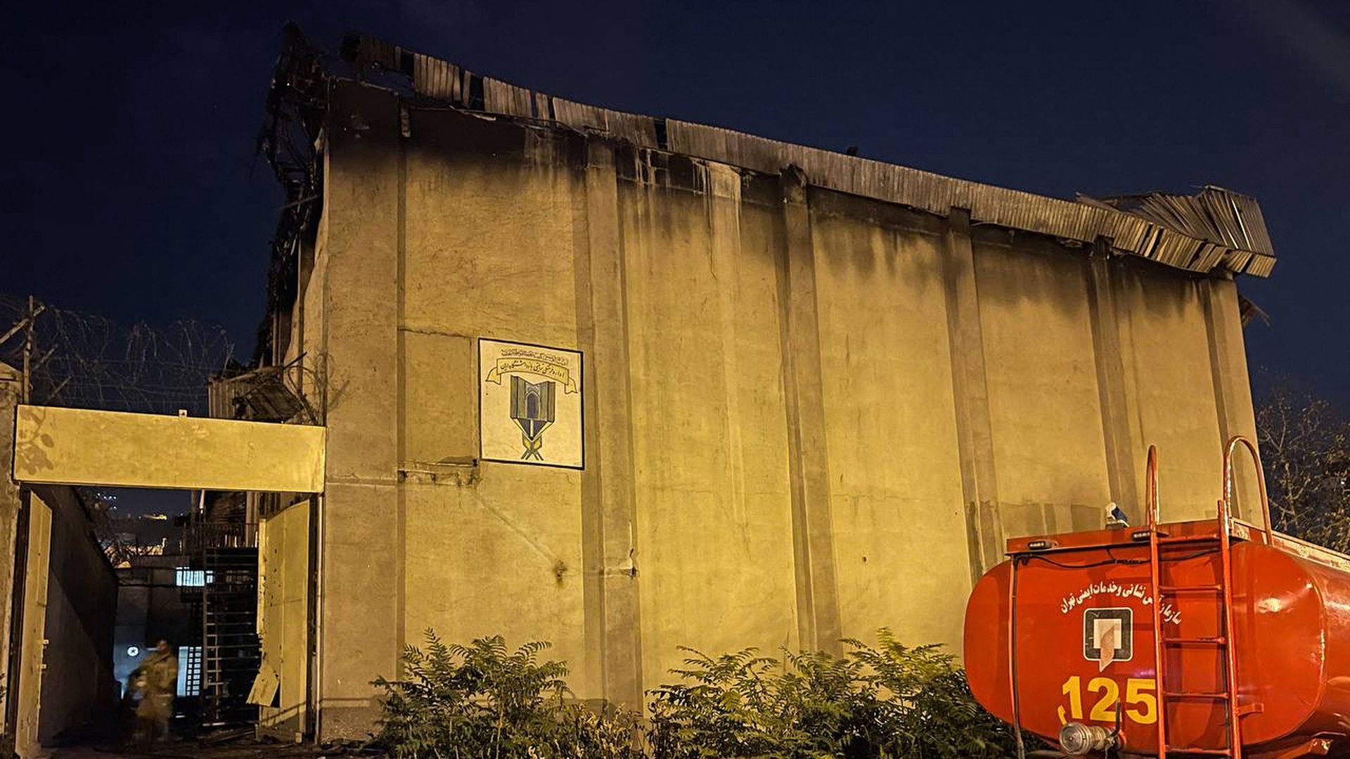 a fire truck in front of the Evin prison, in the northwest of the Iranian capital Tehran
