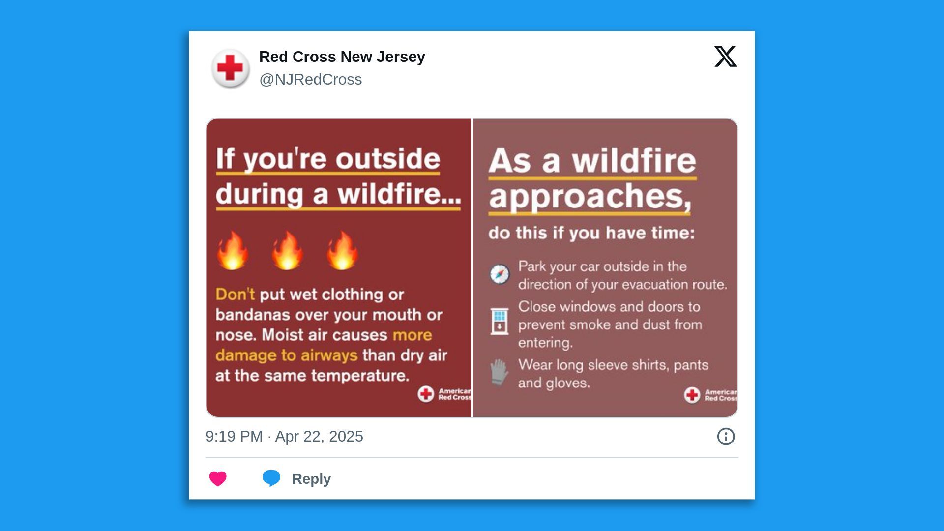 A screenshot of a Red Cross New Jersey post showing three fire emojis, saying in part: "Don't put wet clothing or bandannas over your mouth or nose. Moist air causes more damage to airways than dry air at the same temperature."