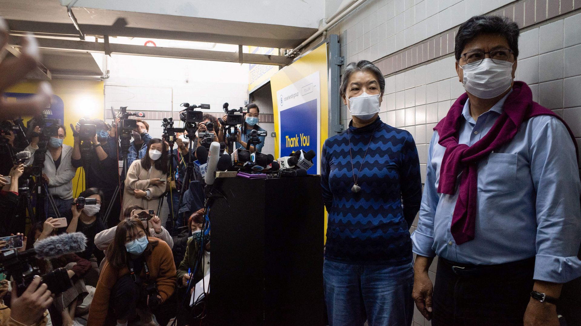 Citizen News chief editor Daisy Li (L) and chief writer Chris Yeung (R) at a press conference in Hong Kong on Jan. 3.