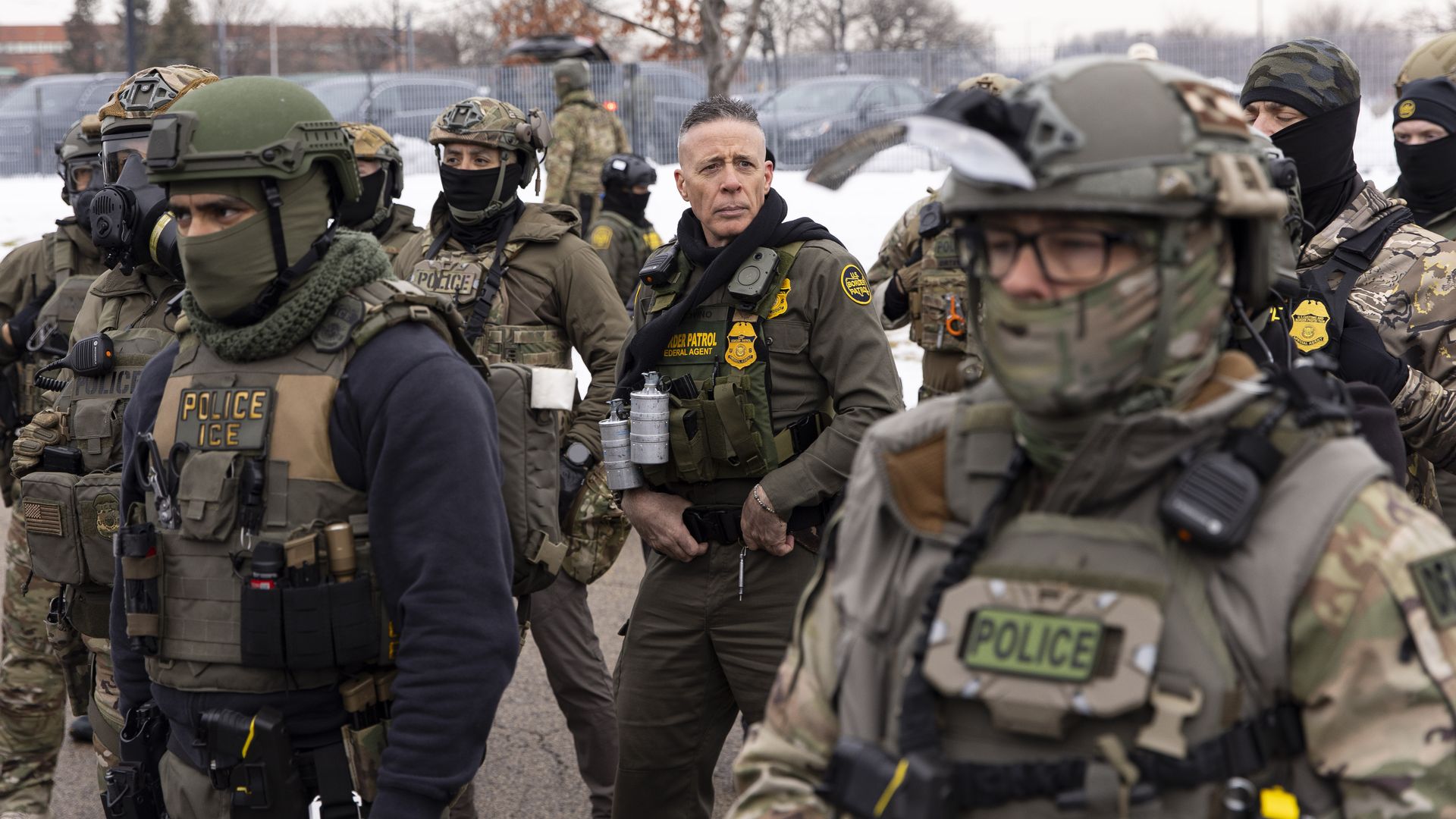 Image shows Gregory Bovino and Border Patrol and ICE agents in uniform in Minneapolis.