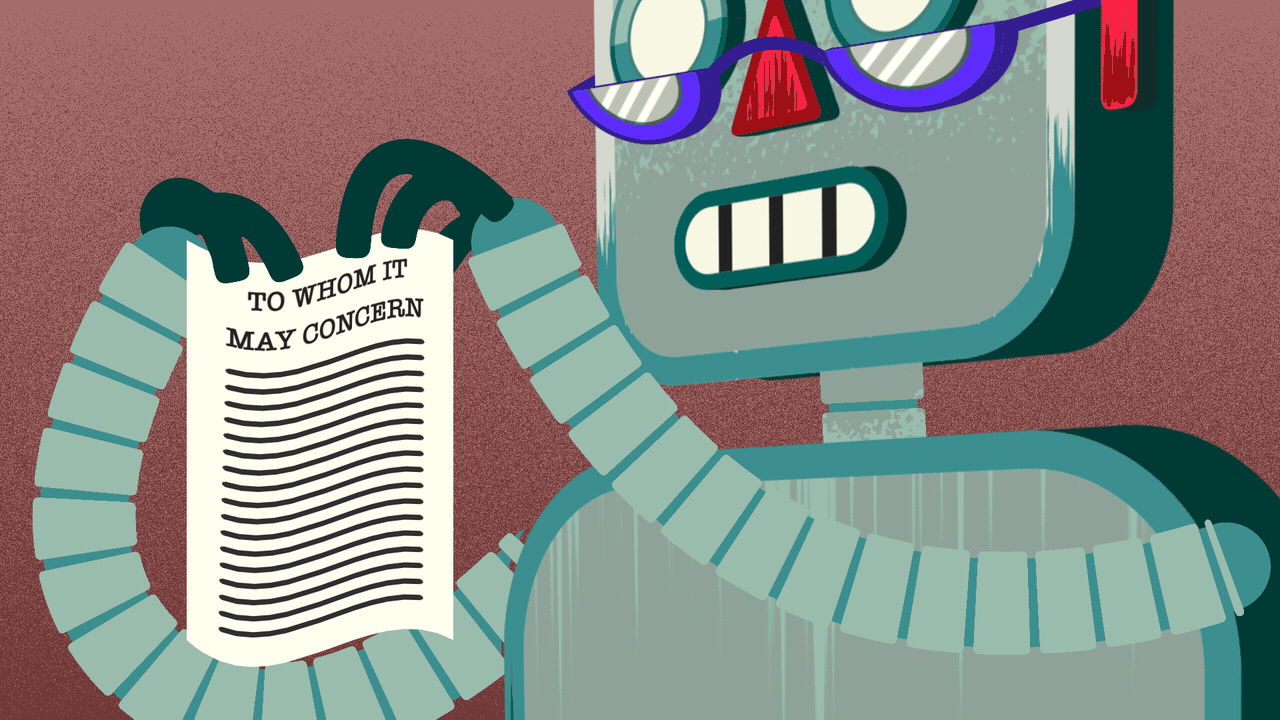 Animated illustration of a robot tearing a letter in half and dropping it.