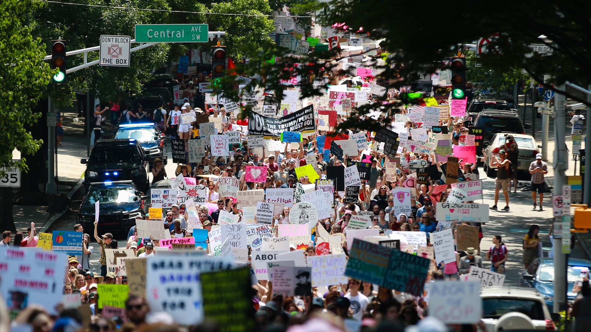 A large crowd of protesters march in Downtown Atlanta in May 2019 to oppose Georgia's "heartbeat bill"