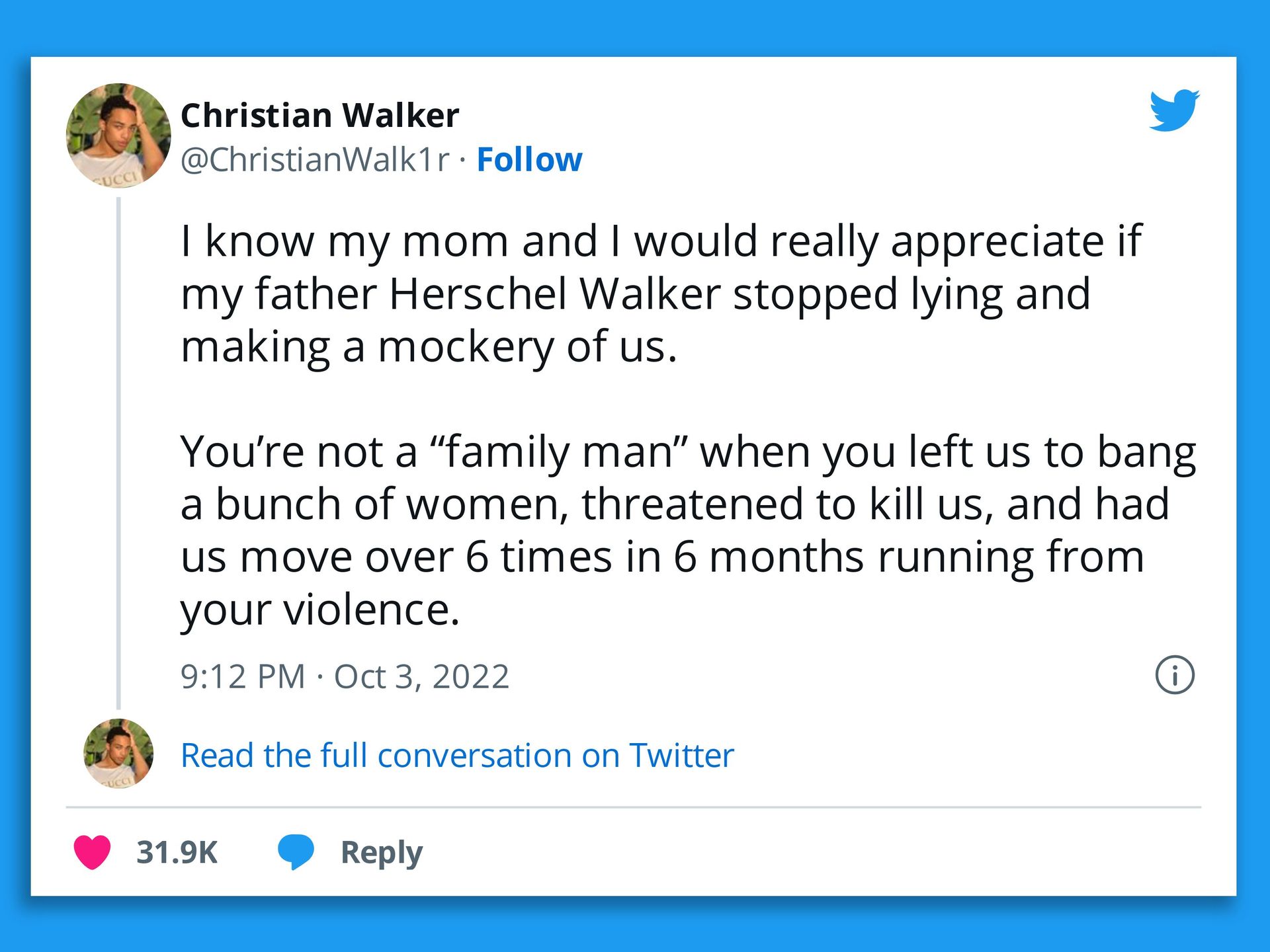 Herschel Walker's son accuses father of lying about his past
