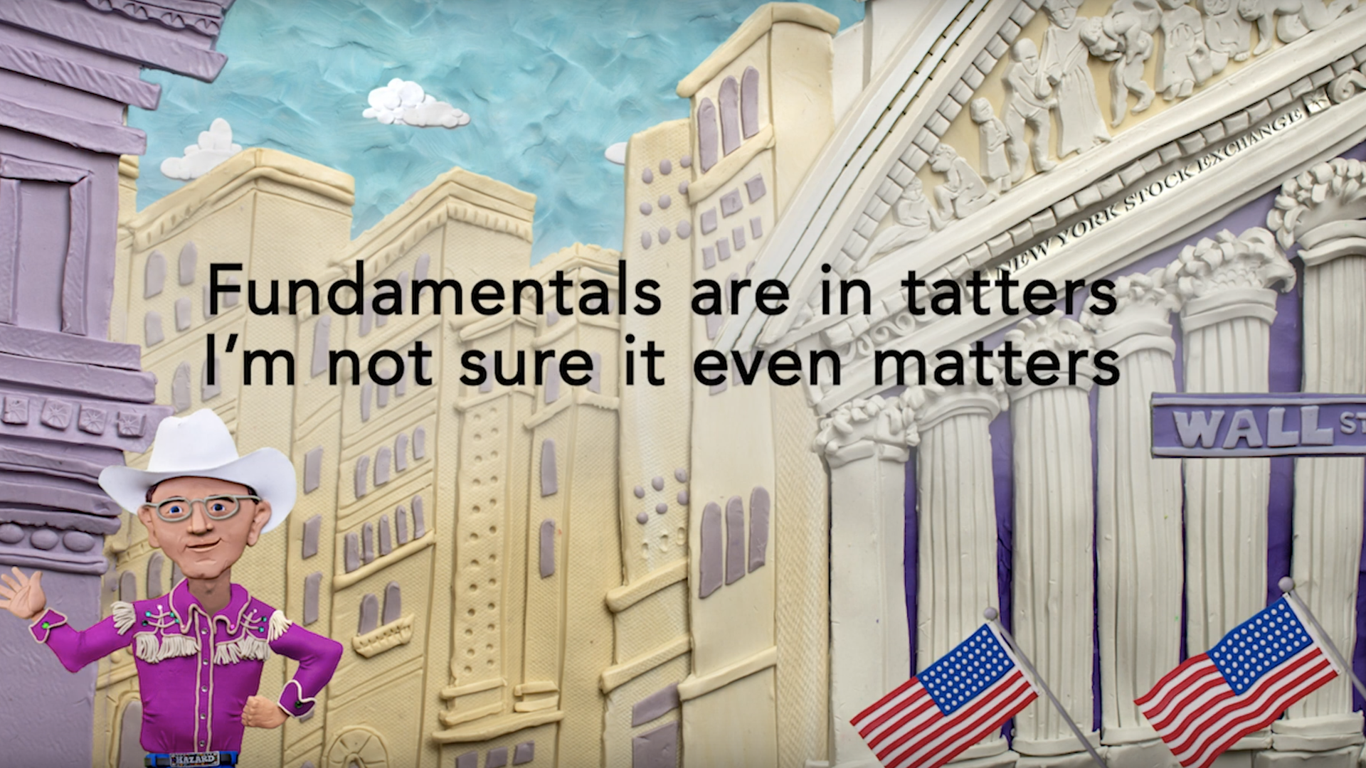 A photo of clay animation person at the new york stock exchange.