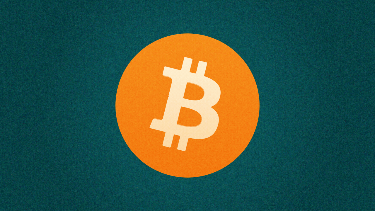 Animated illustration of a Bitcoin logo that rotates to reveal a grimacing emoji on the other side.