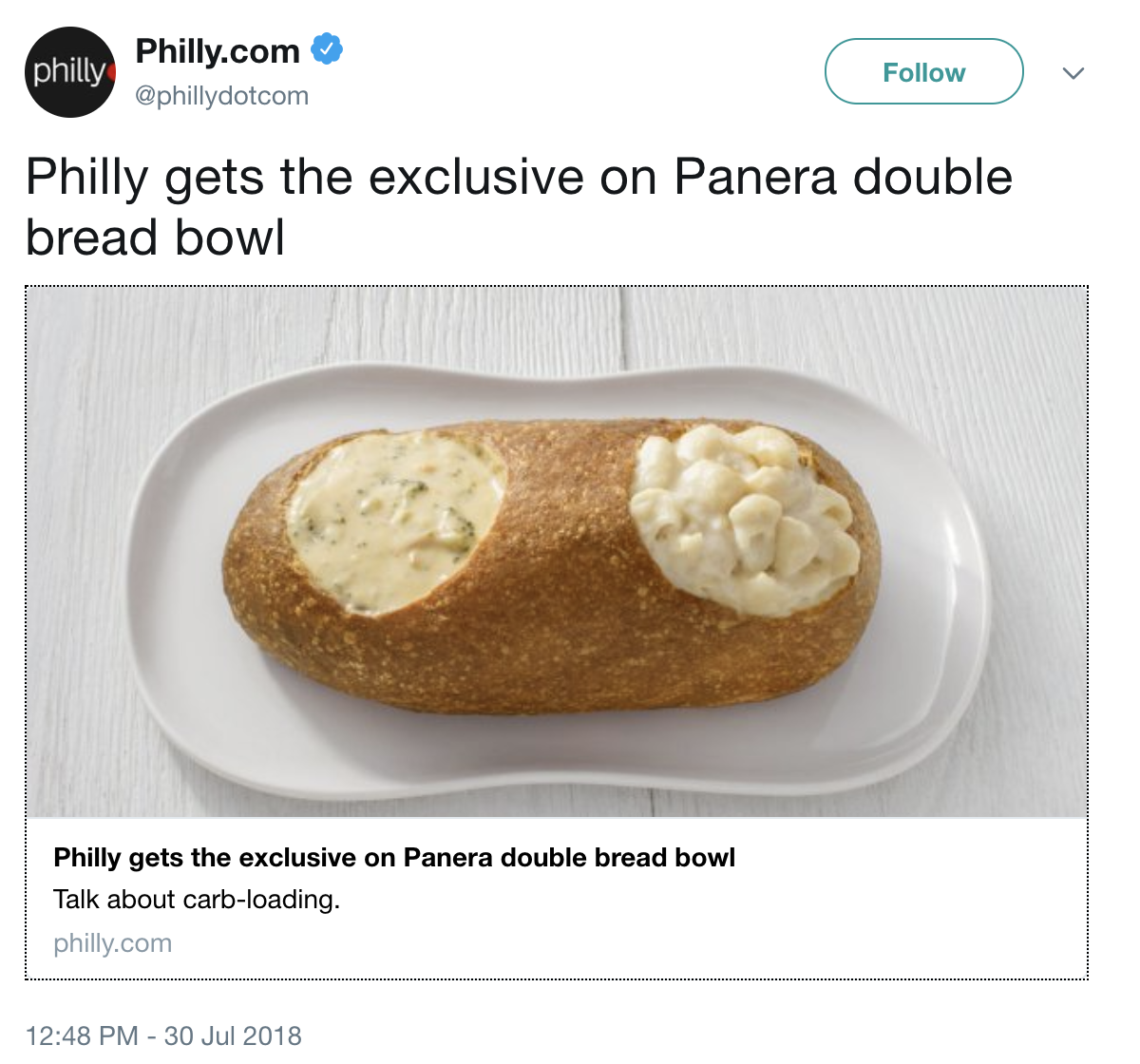 A tweet discussing Panera's new double bread bowl