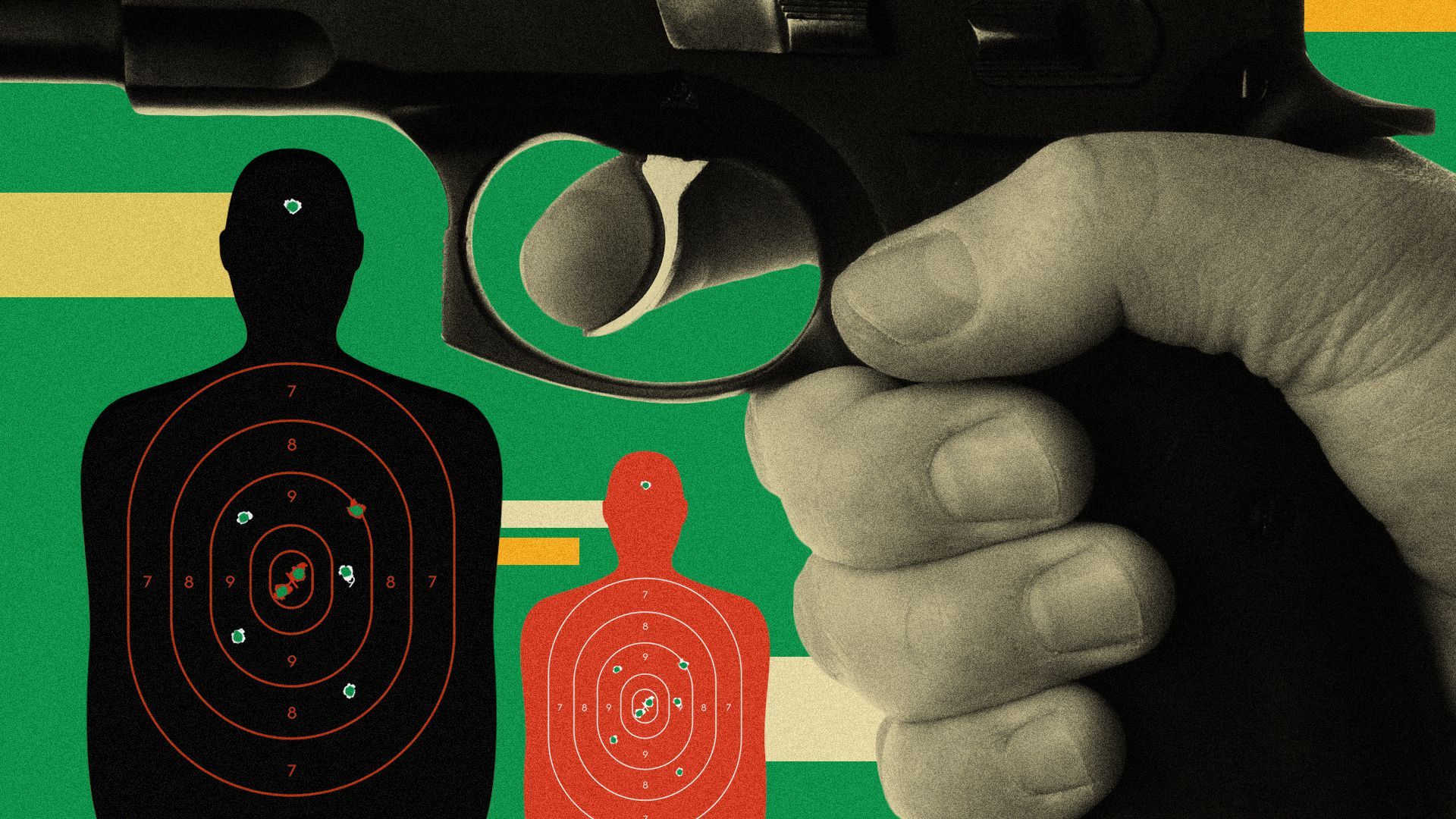 Illustrated collage of targets and a hand holding a gun.