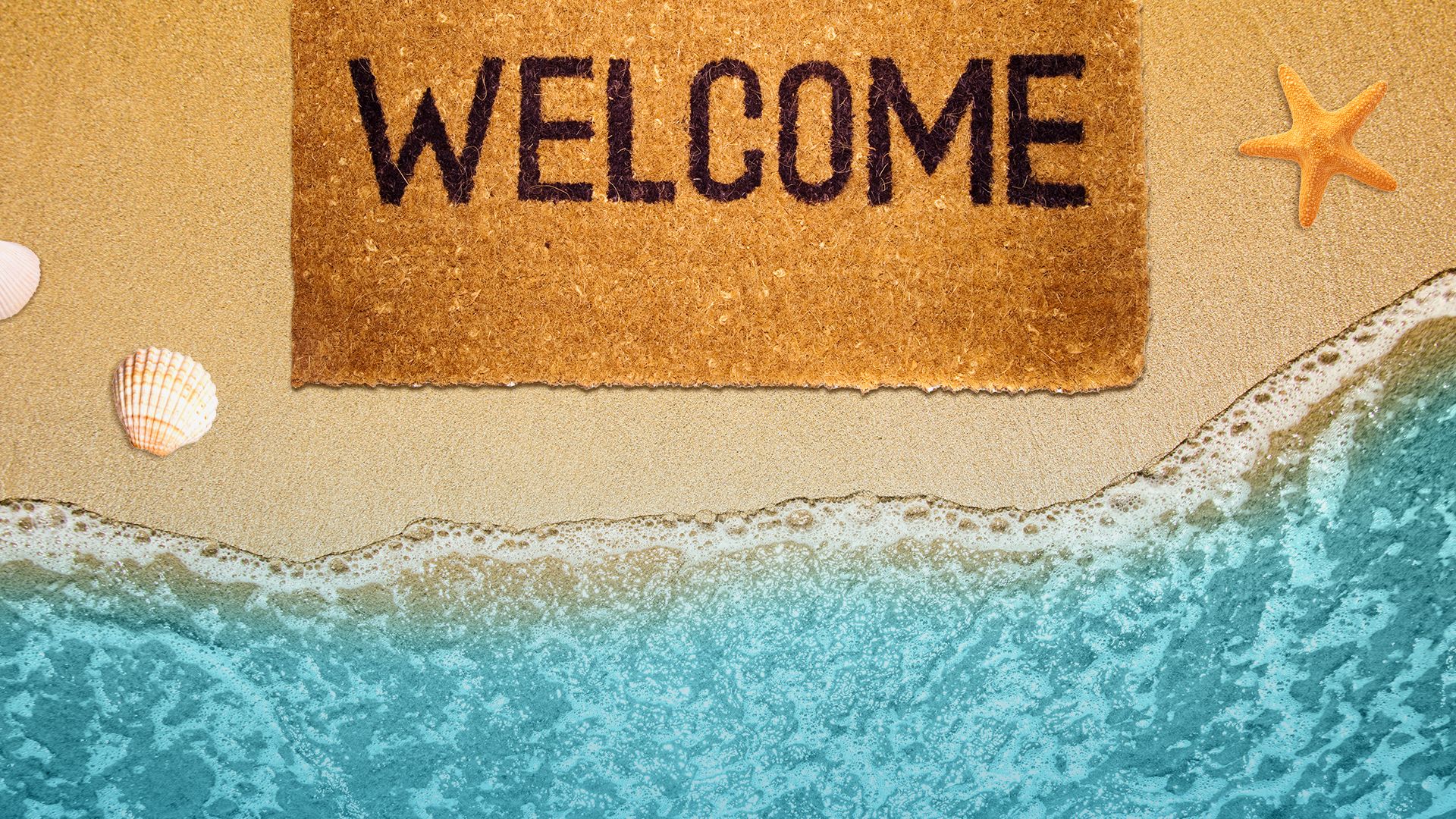 Illustration of a welcome mat at the edge of the ocean.