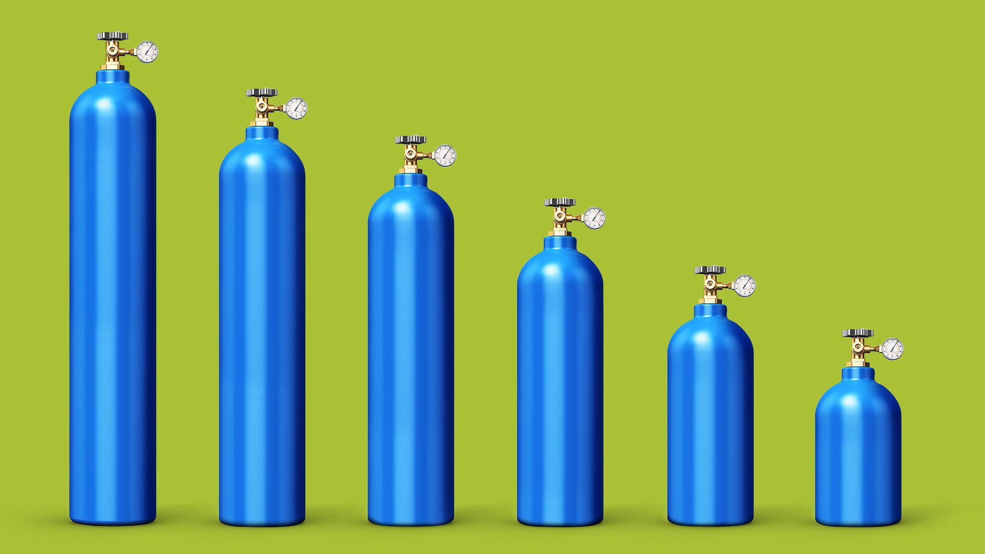 Illustration of oxygen tanks decreasing in size like a downward trending bar graph.  