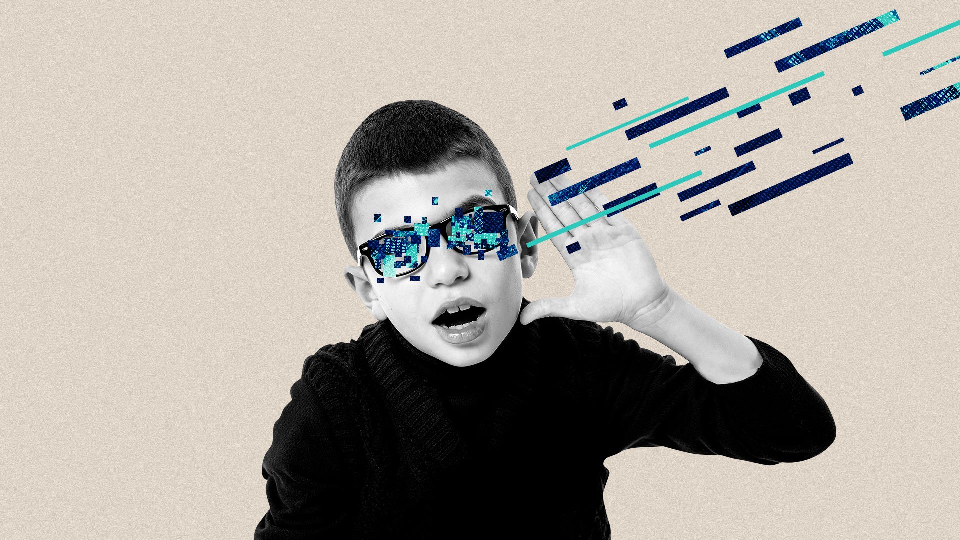 Illustration of a young boy holding his hand up as if listening to a secret with abstract rectangles of binary code and blue tones moving into his ear. 