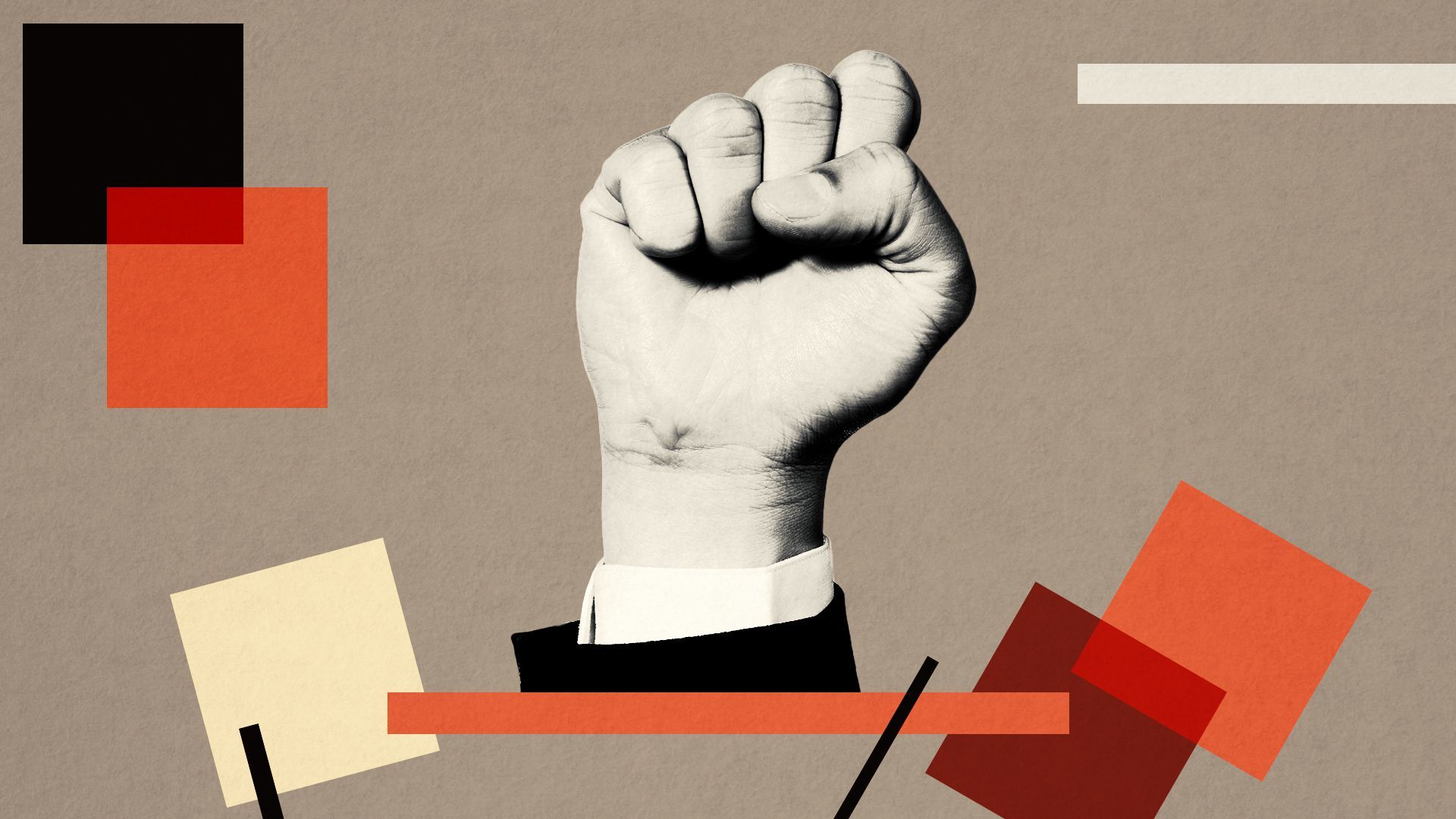 Illustration of a raised fist surrounded by abstract shapes.