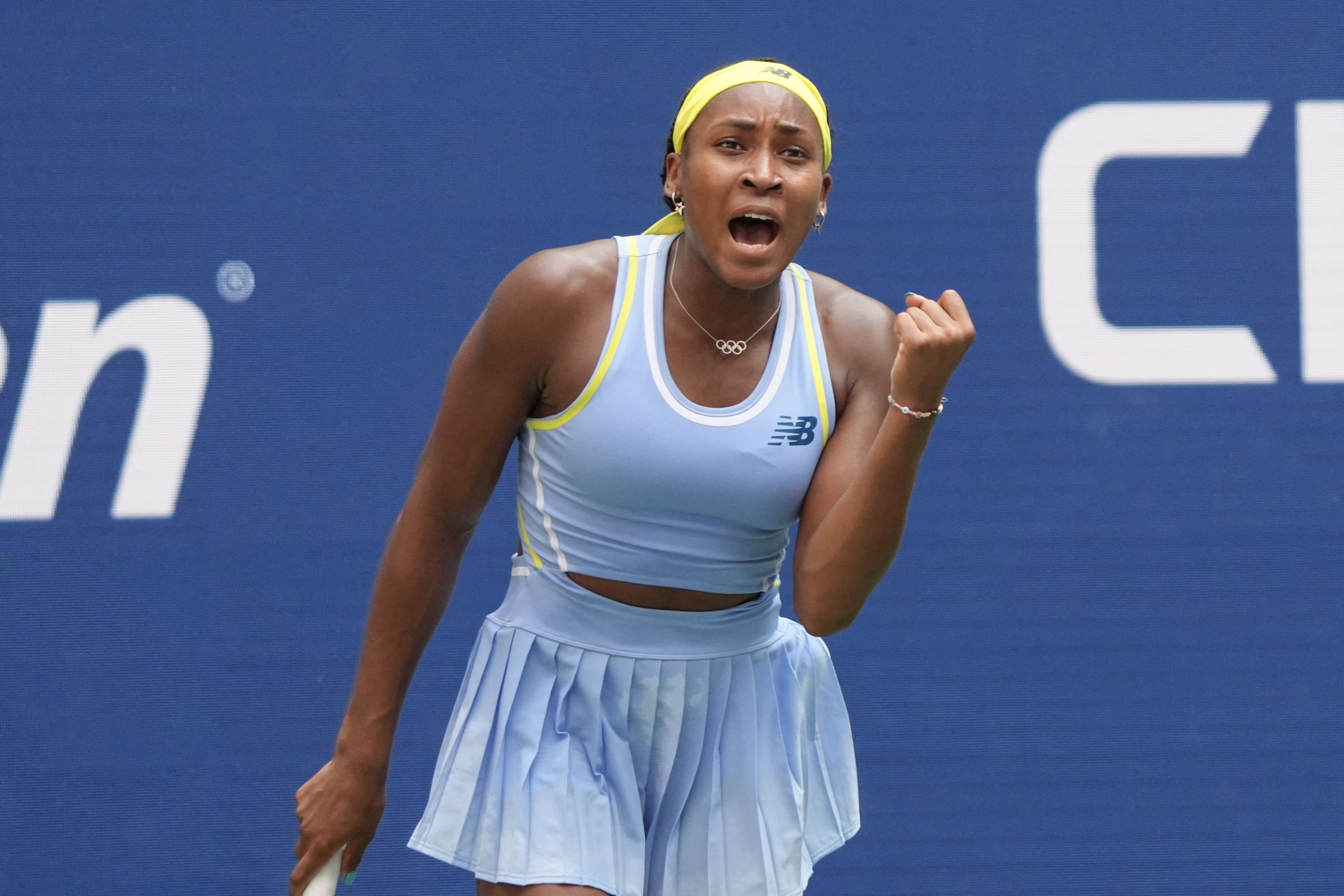 Coco Gauff celebrates match point over France's Varvara Gracheva
