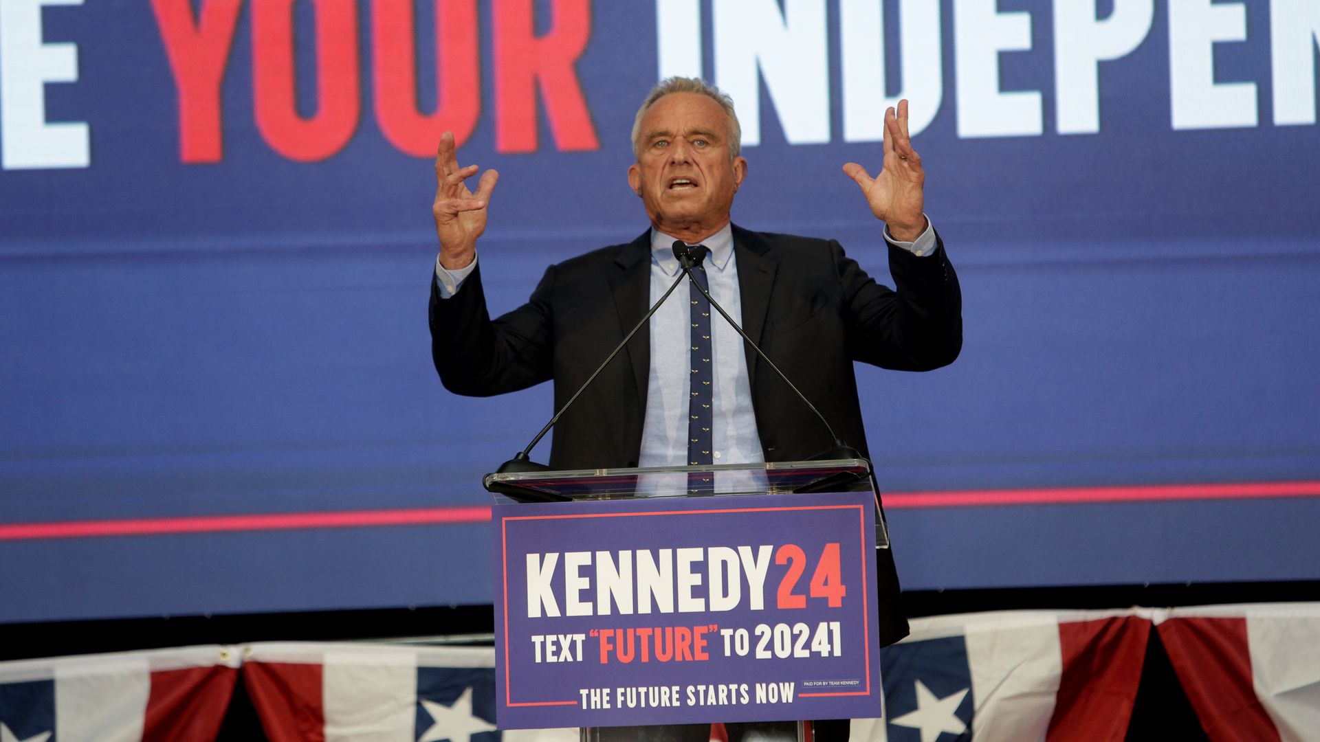  Independent presidential candidate Robert F. Kennedy Jr. speaks during a campaign event to announce his pick for a running mate on March 26, 2024 in Oakland, California.
