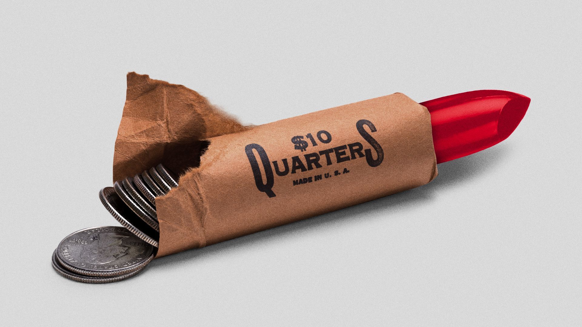 Illustration of an open roll of quarters turning into a tube of lipstick. 