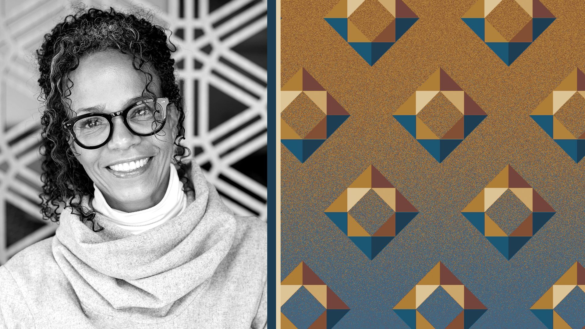 Photo illustration of Lisa Coca collaged with a pattern of the Toyota Ventures logo.