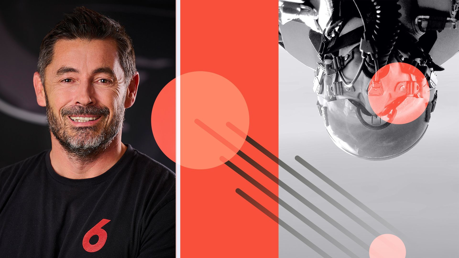 Photo illustration of Daniel Robinson next to abstract shapes representing jet flight and a masked photo of a pilot. 