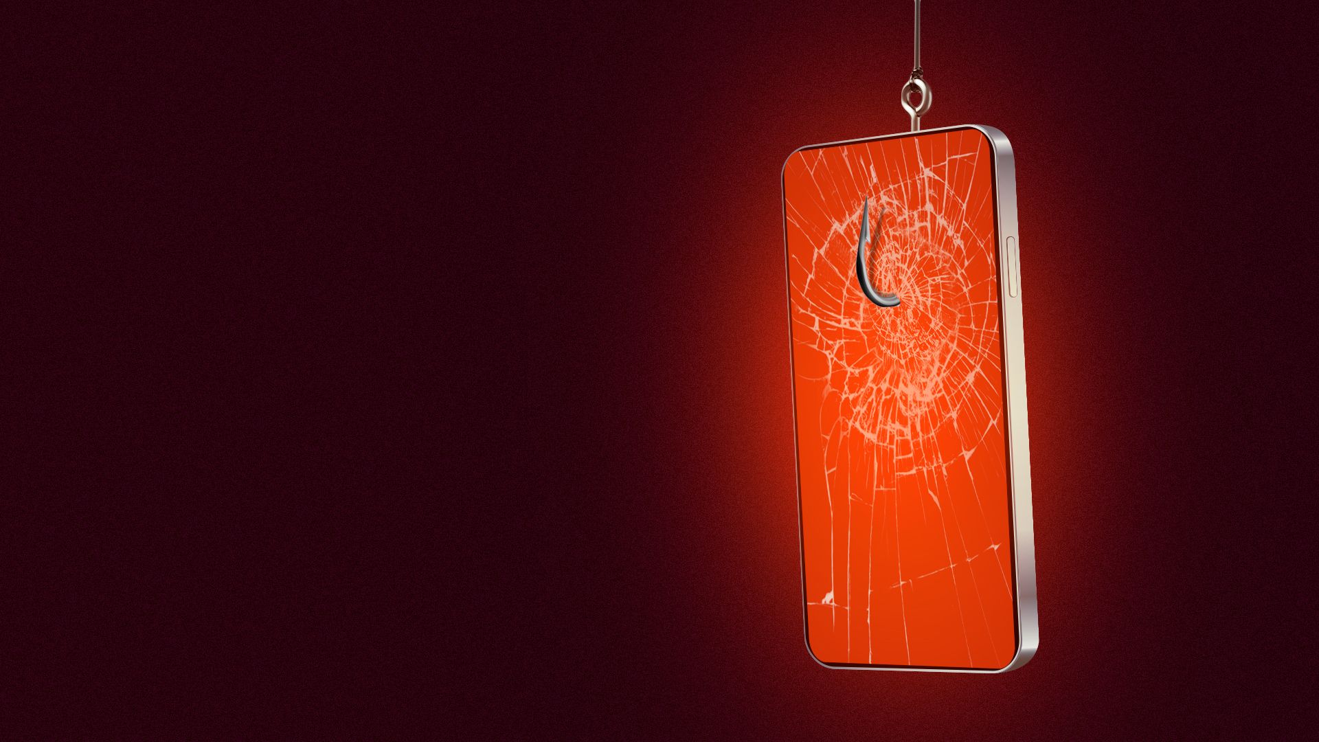 Illustration of a phone with a glowing red screen being pierced by a fish hook. 