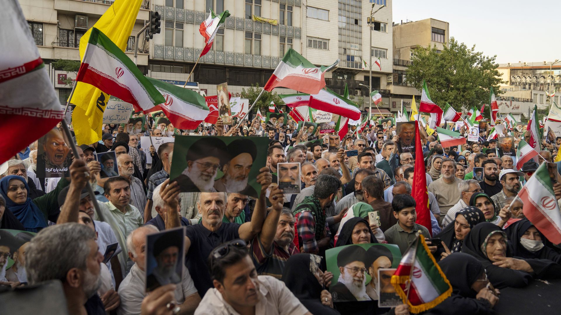 Iranian protesters chant slogans in Revolution Square to protest US attacks on nuclear sites in Iran on June 22, 2025 in Tehran, Iran. In the early hours of June 22, the United States dropped a series of bombs on several alleged nuclear facilities in Iran, joining Israel's ongoing war with the count