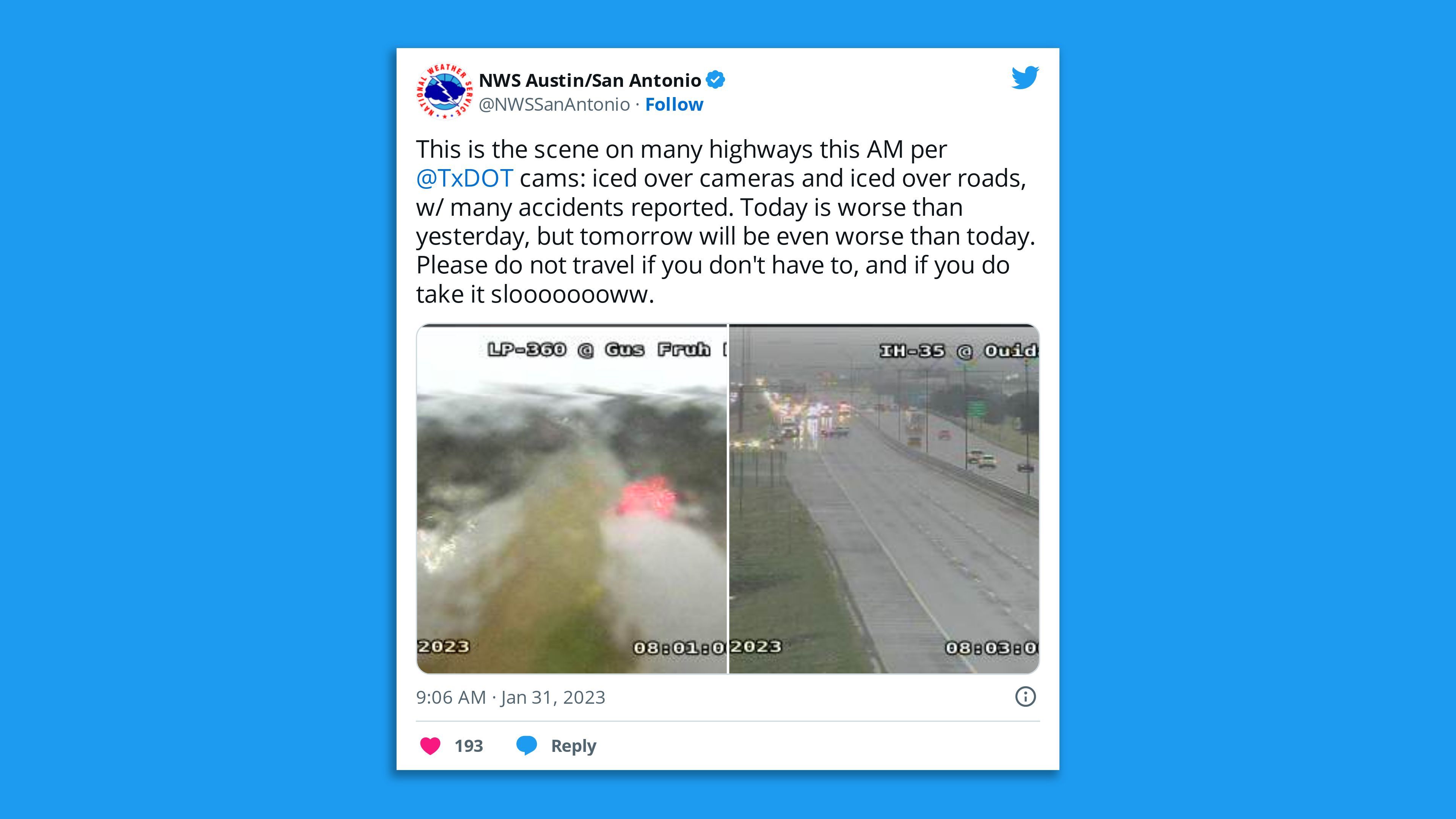 A screenshot of an ice-coated traffic camera in Texas.