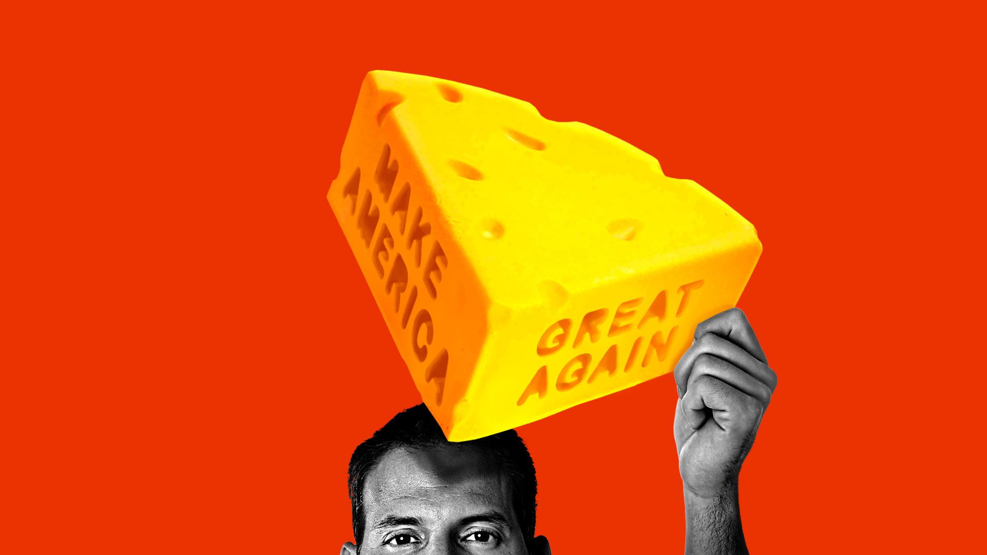 A Wisconsinite removes a cheese foam hat reading "Make America Great Again"