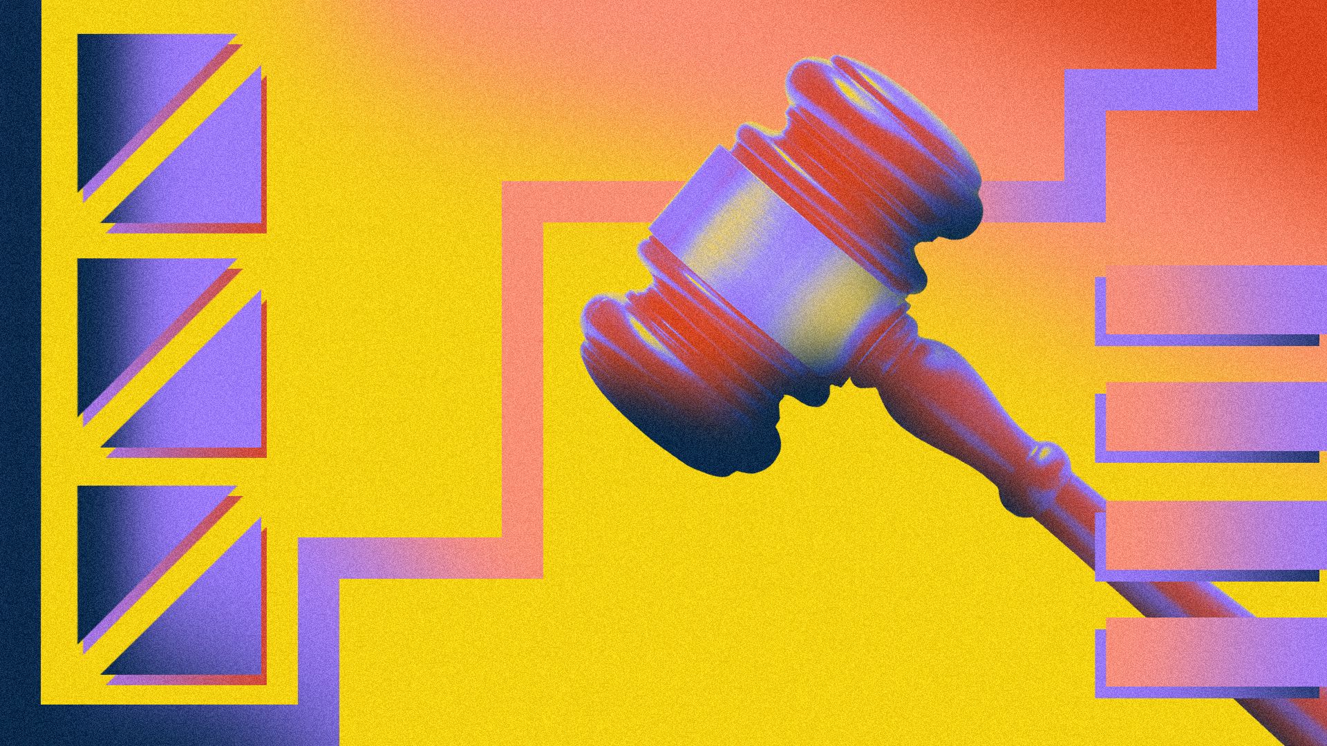 Illustrated collage of a gavel surrounded by various shapes
