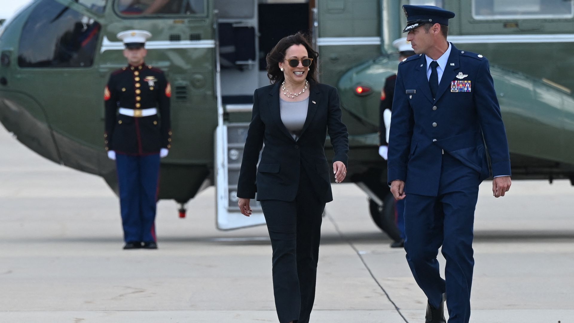 Vice President Kamala Harris is seen walking away from Marine 2 after arriving at Joint Base Andrews for a flight to Central America.