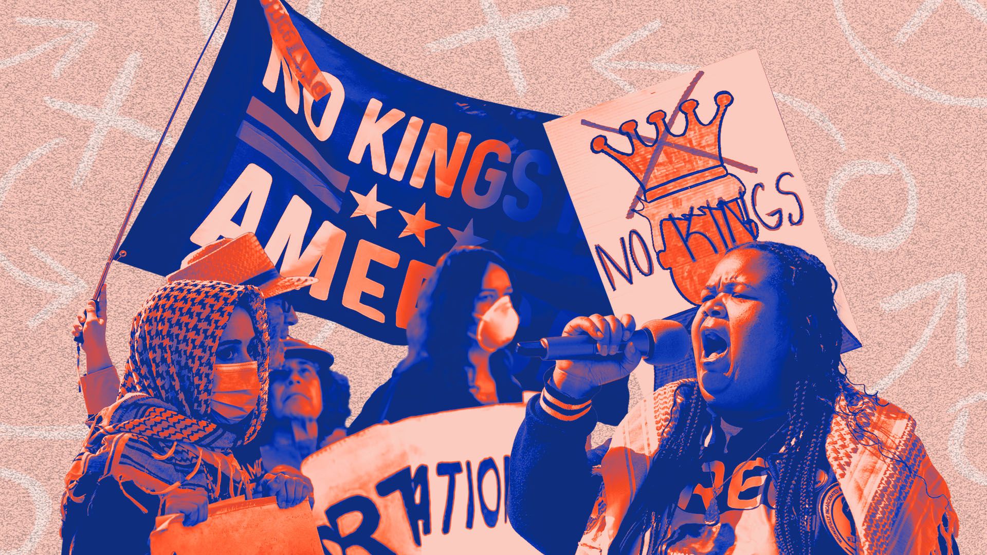 A group of protesters holding signs with messages like "No Kings" and "No Kings America"Behind the protestors are x's and o's with arrows