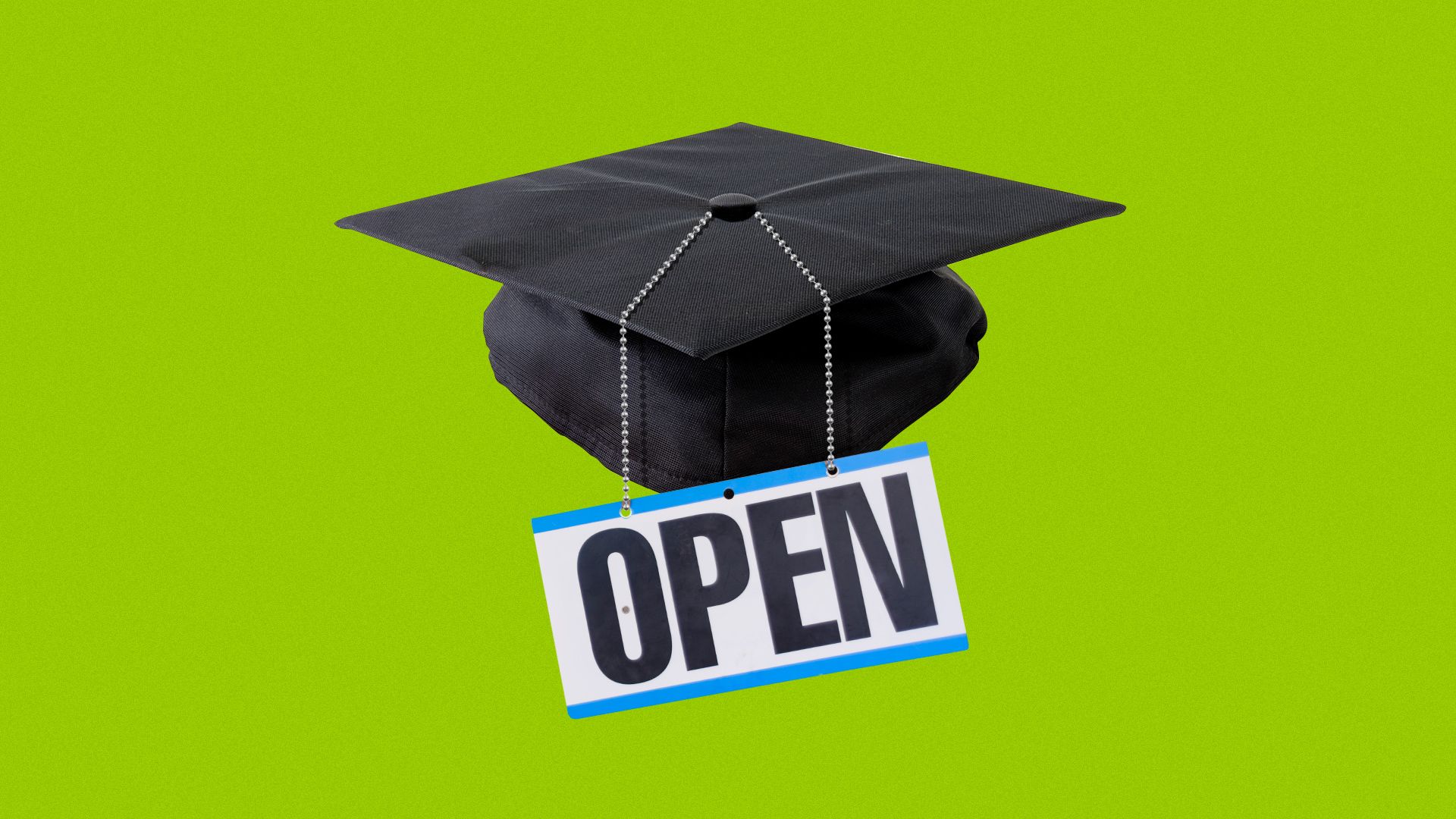 Illustration of a graduation cap with an open sign replacing the tassel