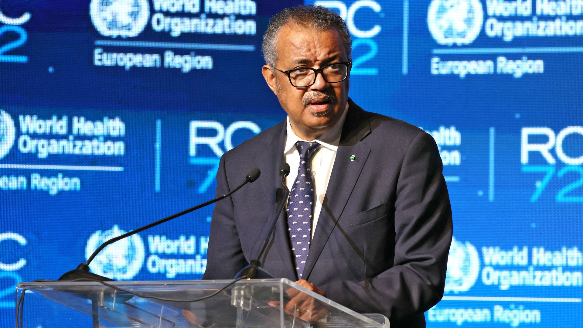 Director-General of the World Health Organisation (WHO) Tedros Adhanom Ghebreyesus delivers a speech during the 72nd session of the WHO Regional Committee for Europe on September 12, 2022