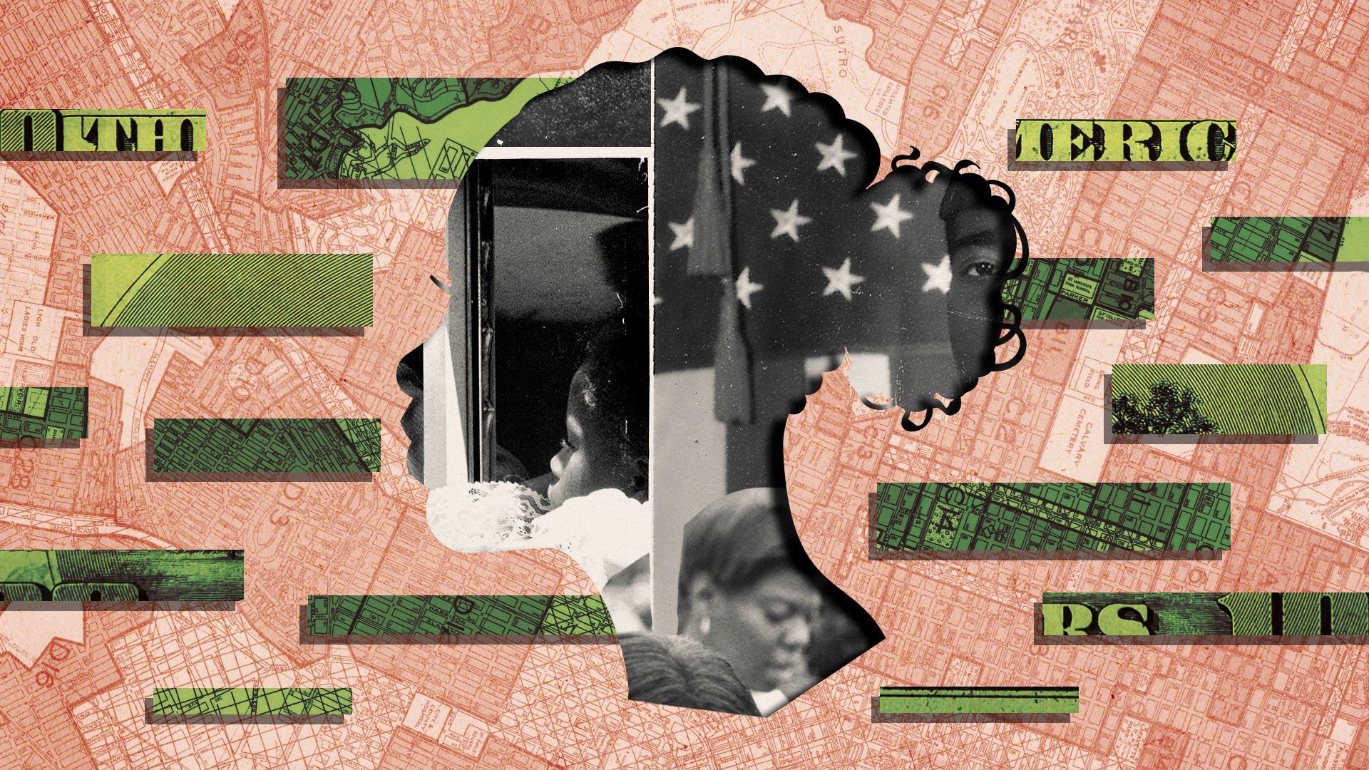 Photo illustration of a silhouette of a Black woman with collaged archival photos, fragments of dollar bills and a redlining map.