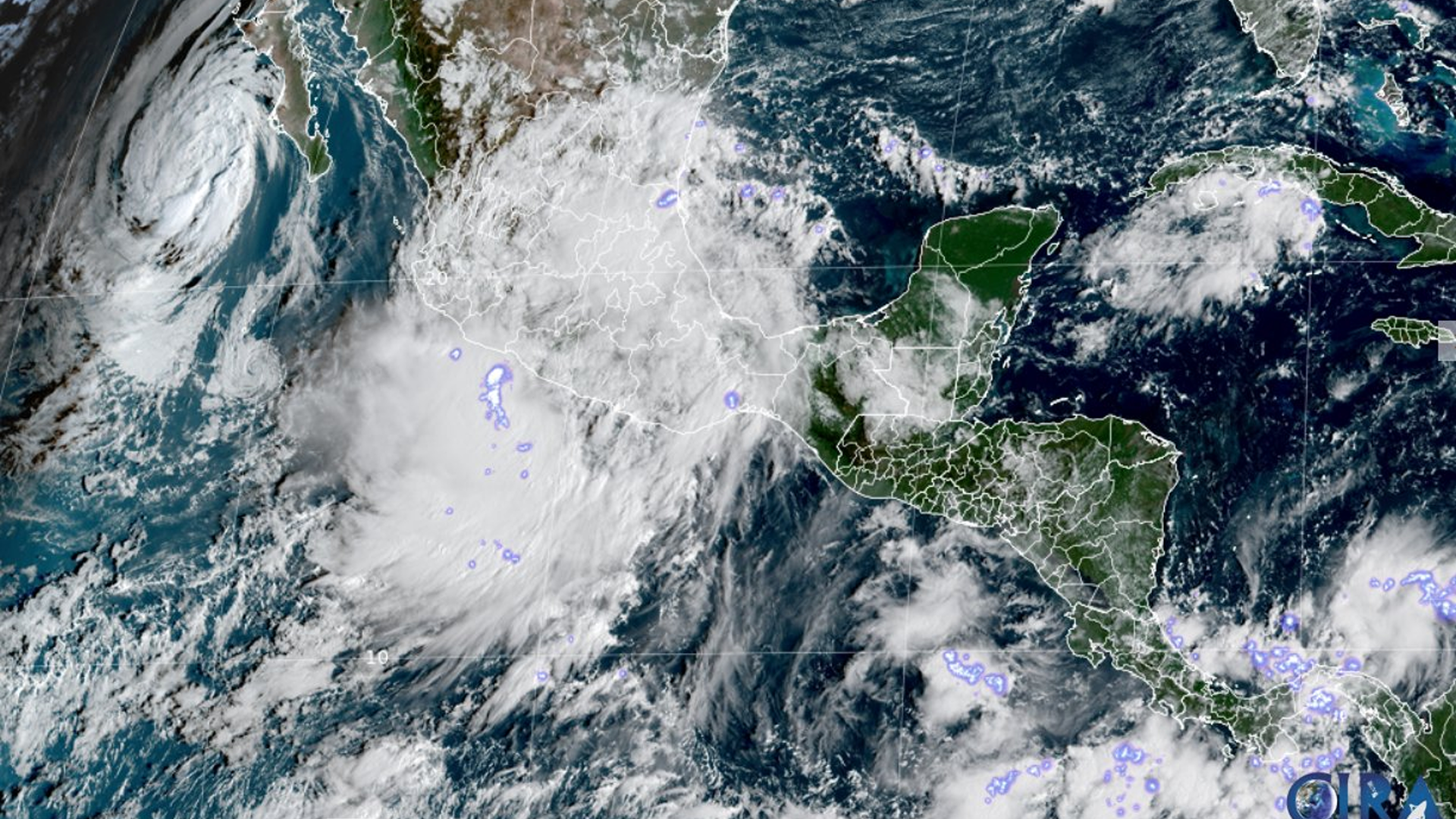 Satellite image showing Mexico and Central America with a large storm system off Mexico's Pacific coast and cloud cover over the Gulf of Mexico and Caribbean Sea.