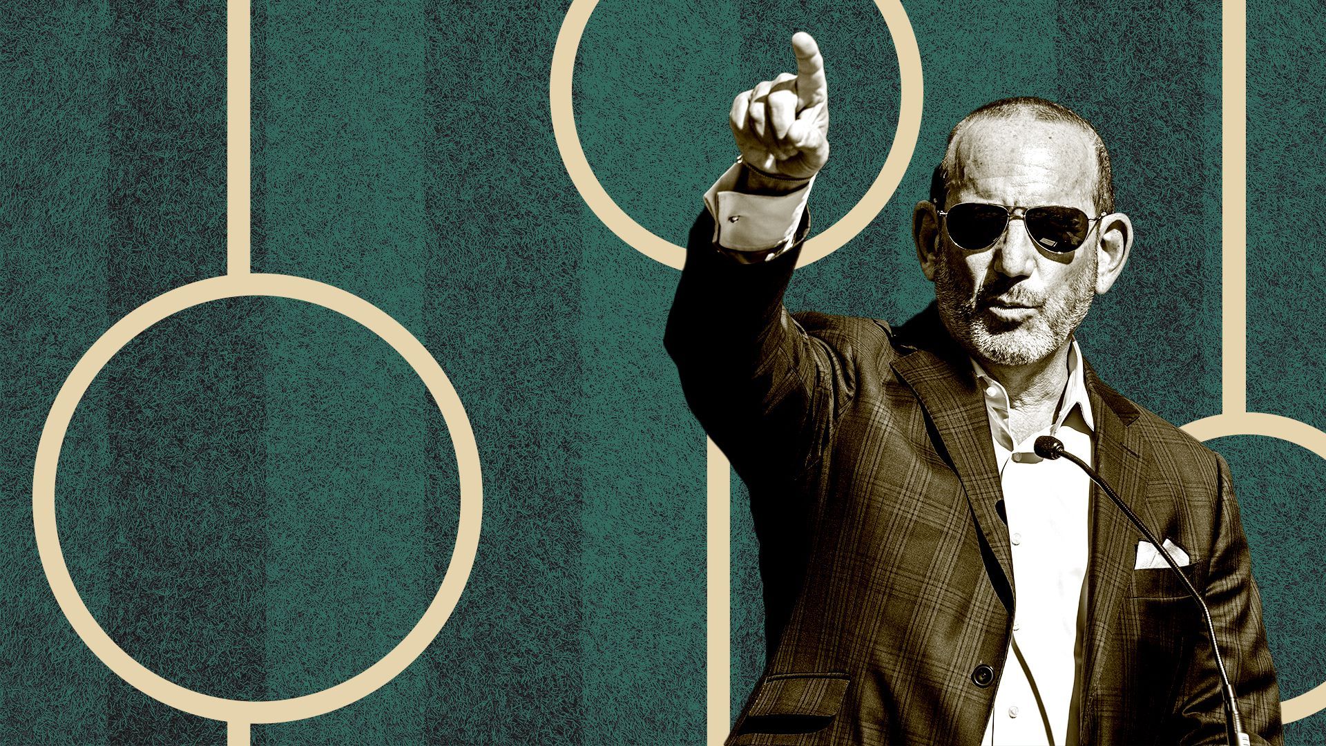 Photo illustration of Don Garber against a turf background and abstract soccer lines