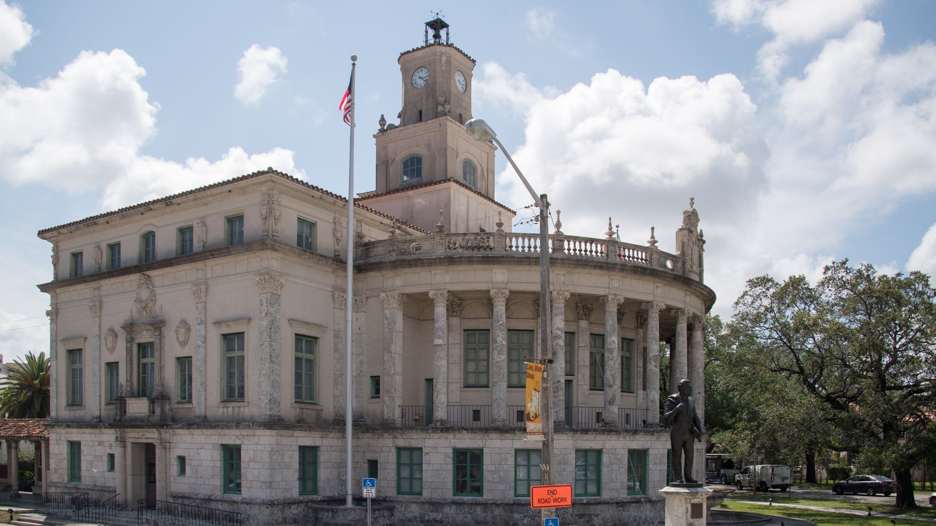 CORAL GABLES, MIAMI, FLORIDA, UNITED STATES - 2017/04/28: View of the Coral Gables City Hall which is a registered US Historic Place and a major tourist attraction in the city. It has a Mediterranean Revival architectural style. (Photo by Roberto Machado Noa/LightRocket via Getty Images)