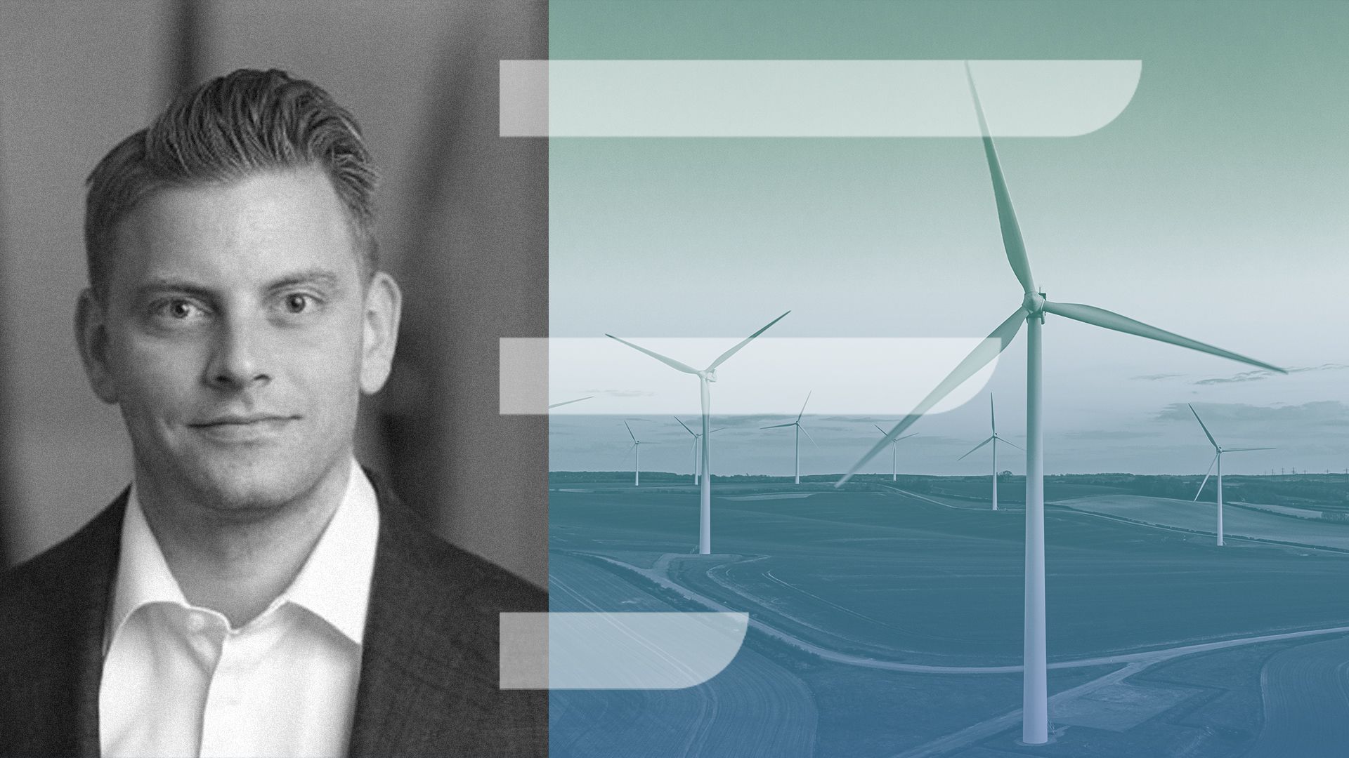 Photo Illustration of Tyler Lancaster of Energize Ventures with windmills and shapes