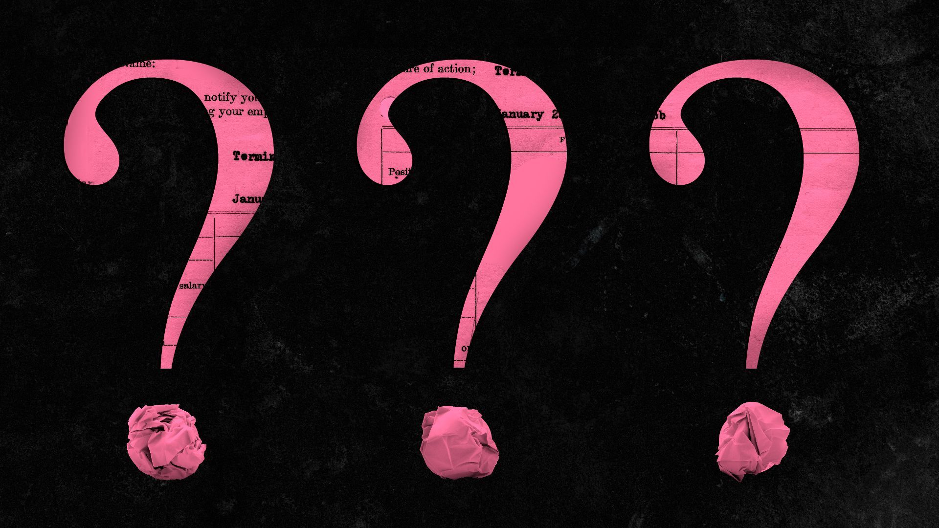 Illustration of three question marks made out of pink slips.