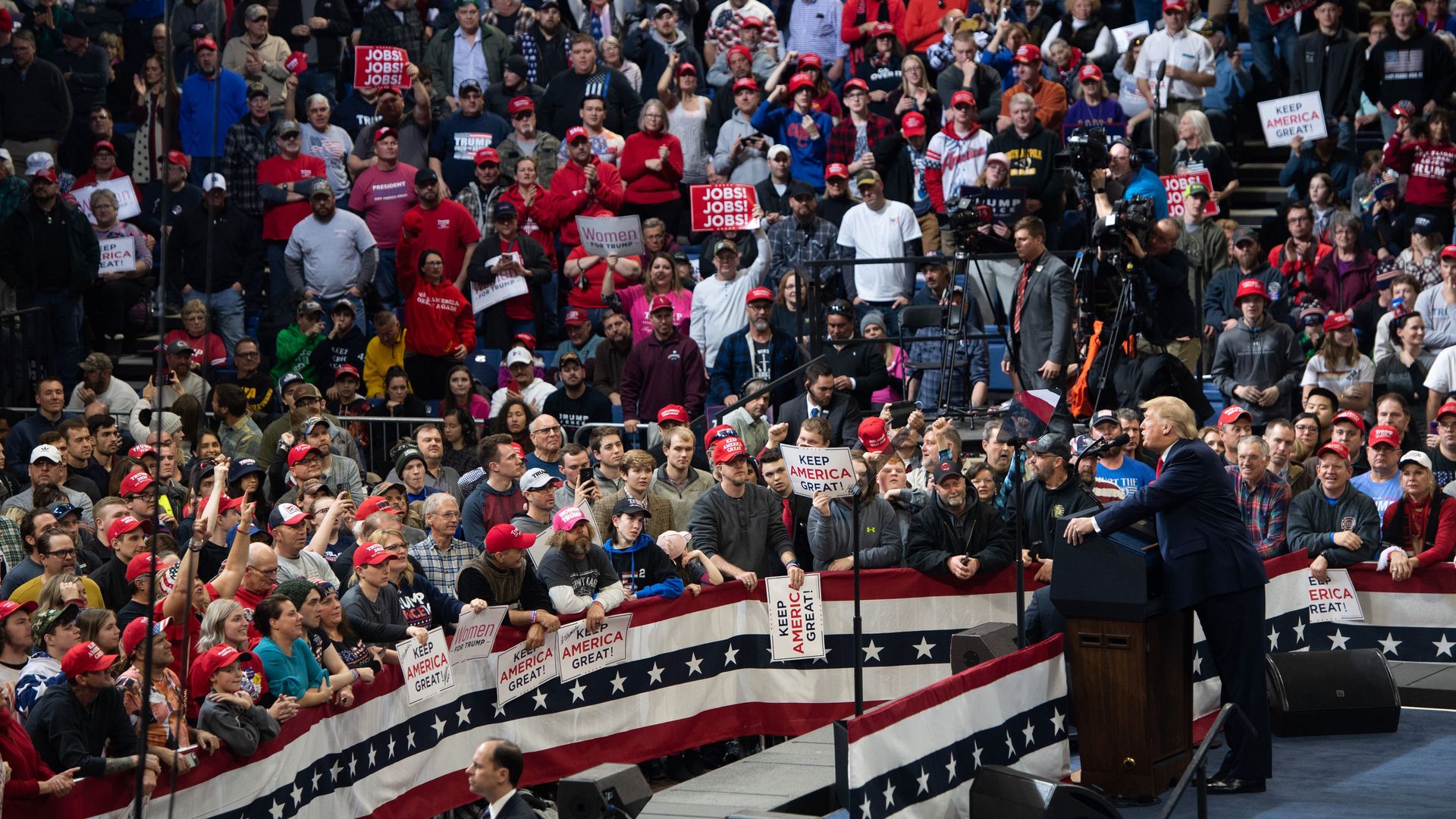 US President Donald Trump speaks during a "Keep America Great" campaign rally at Drake University in Des Moines, Iowa