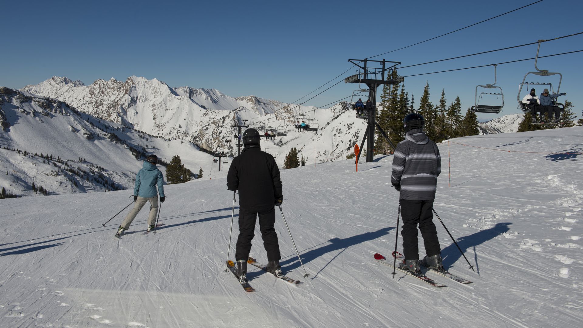Skiers on ski slopes at Alta Ski Resort near Salt Lake City in Utah