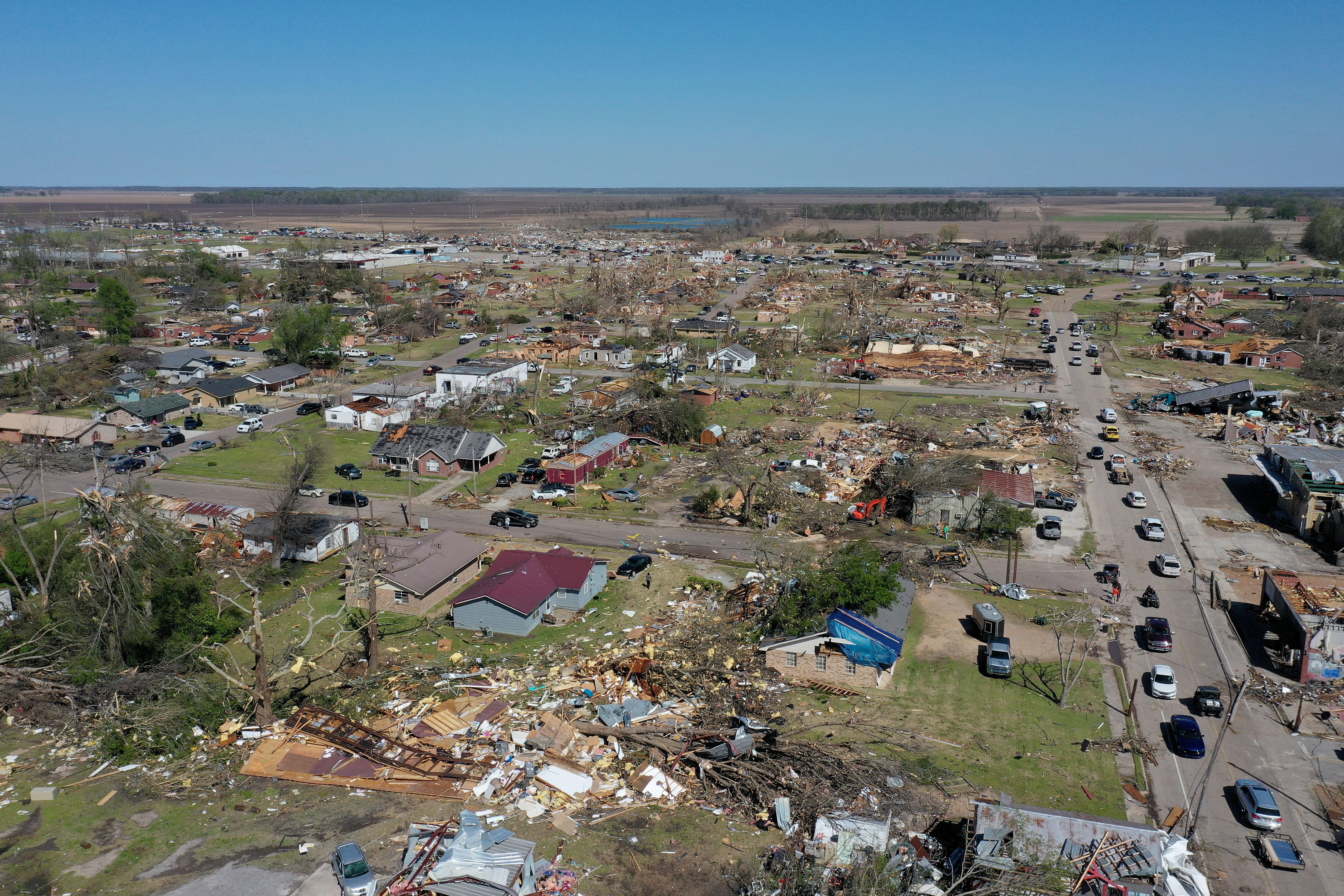 Aerial view of tornado damage to homes.