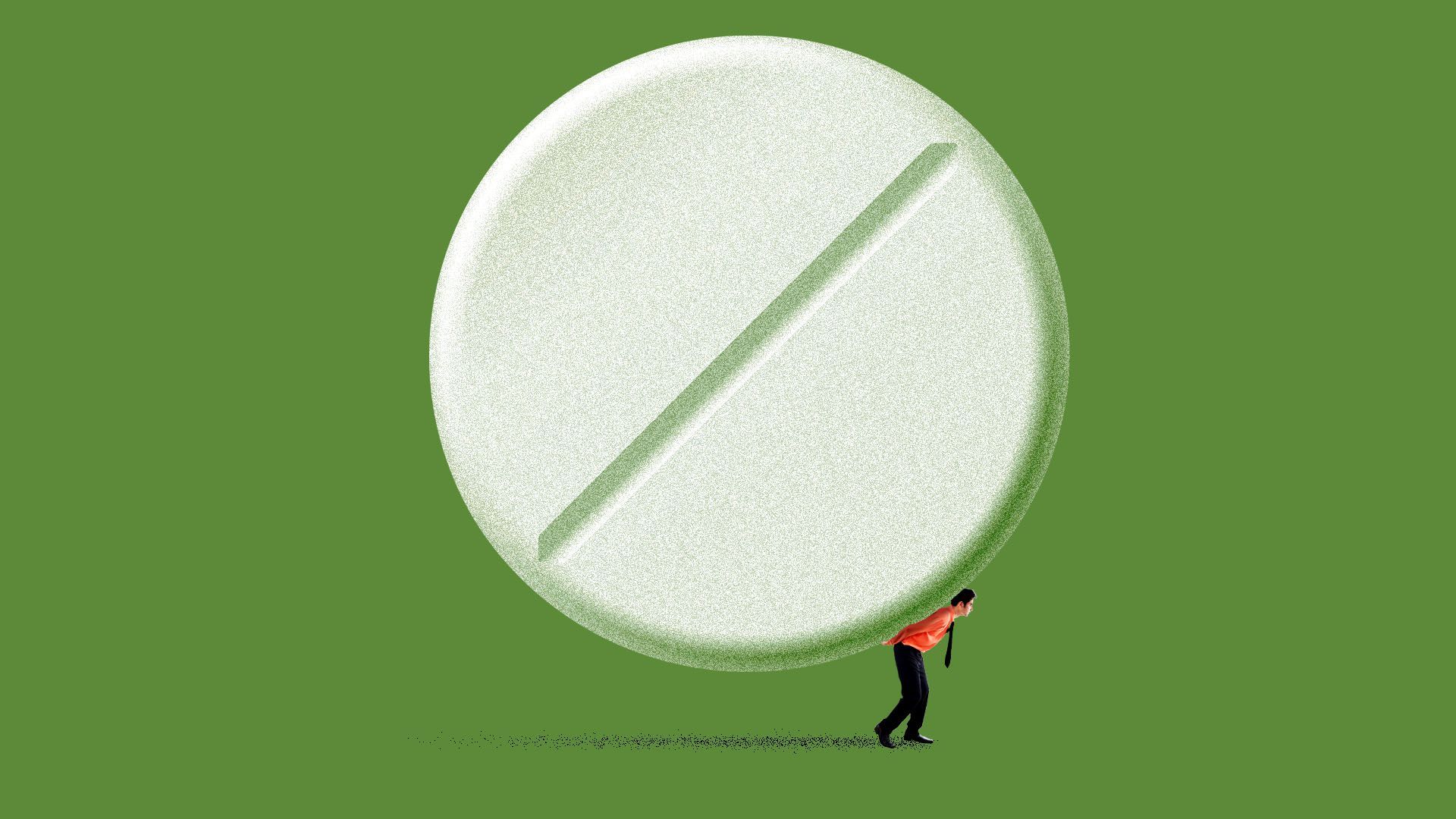 Illustration of a small employer carrying a giant pill on his back